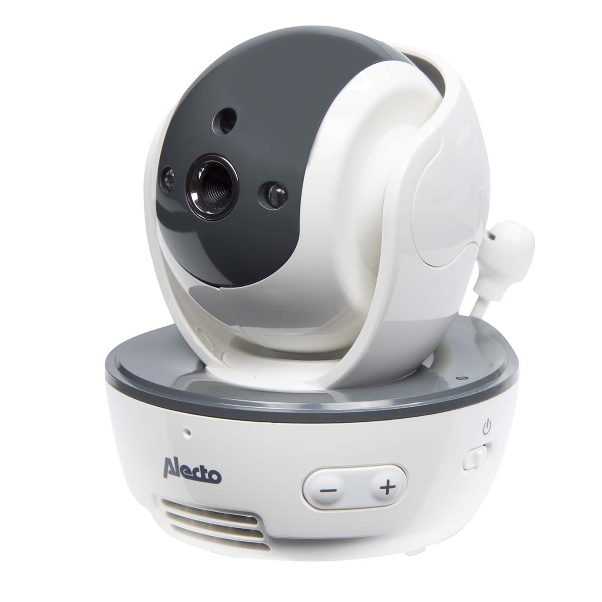 Ein weißer und grauer Baby Monitor mit Kamera und Lautstärkereglern.