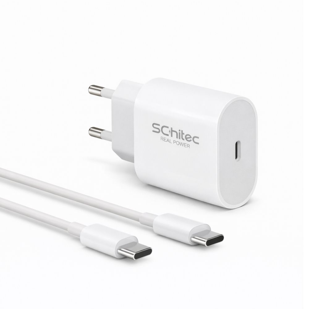 Priz için iki metal pimli, USB-C kablolu beyaz duvar şarj cihazı.