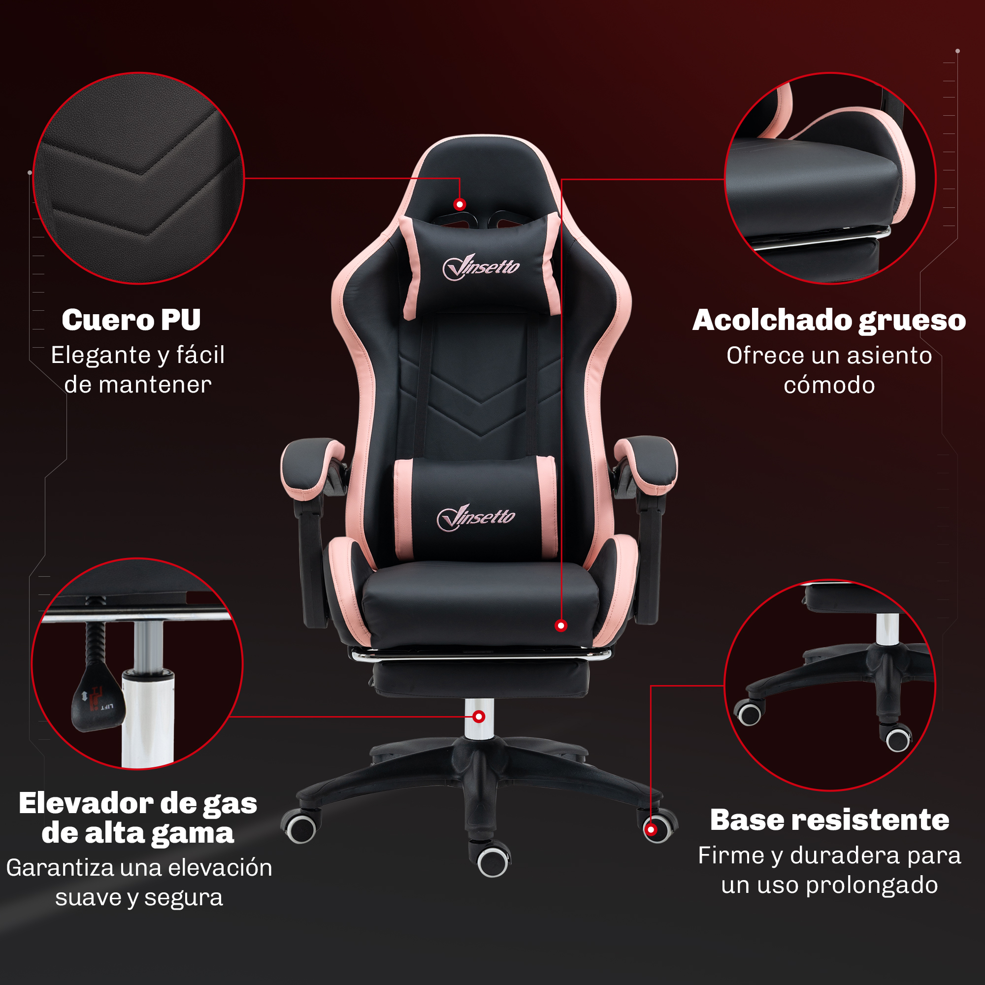 Silla gaming negra con detalles rosas, mostrando características.