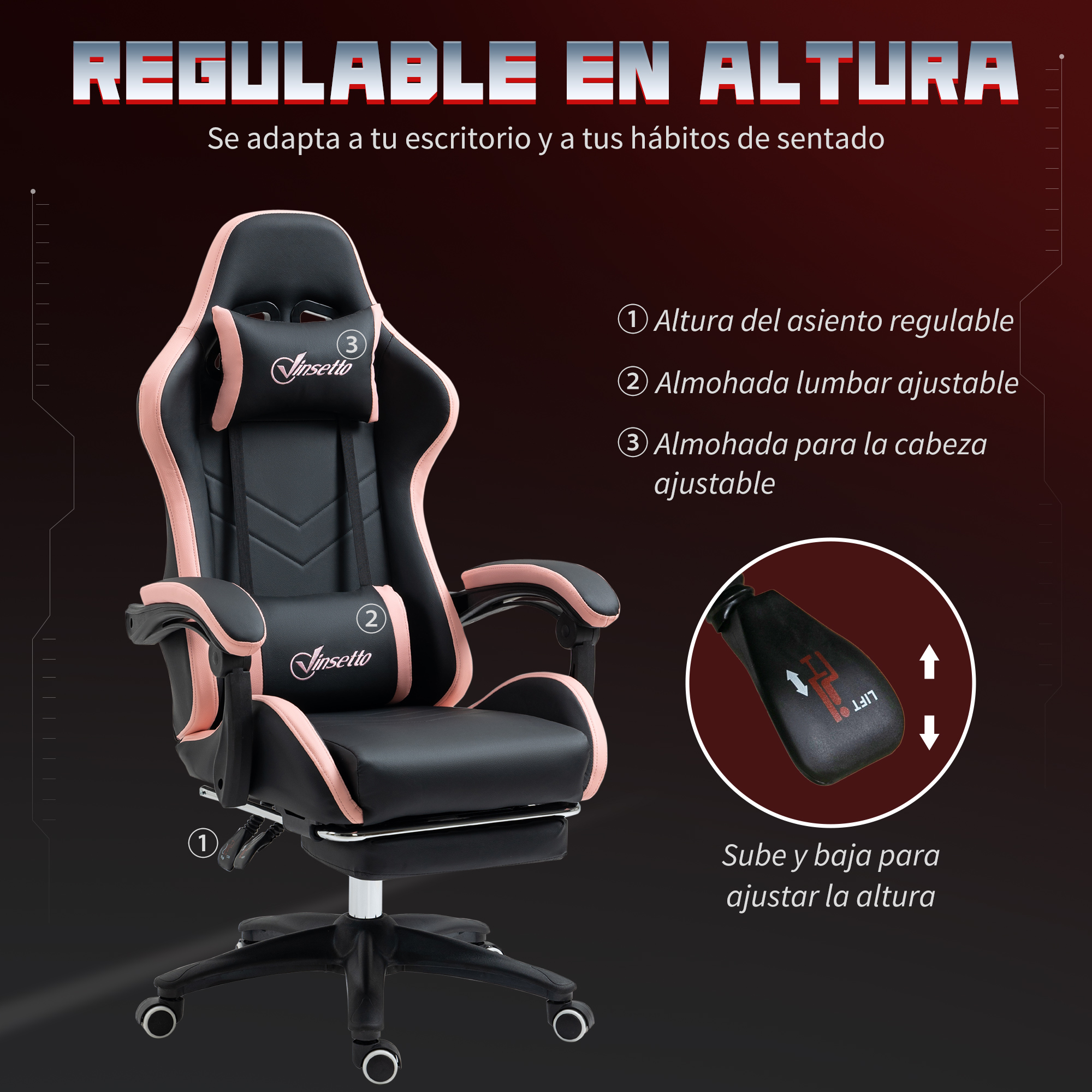 Silla gamer negra con detalles rosas, altura de asiento ajustable y cojines.
