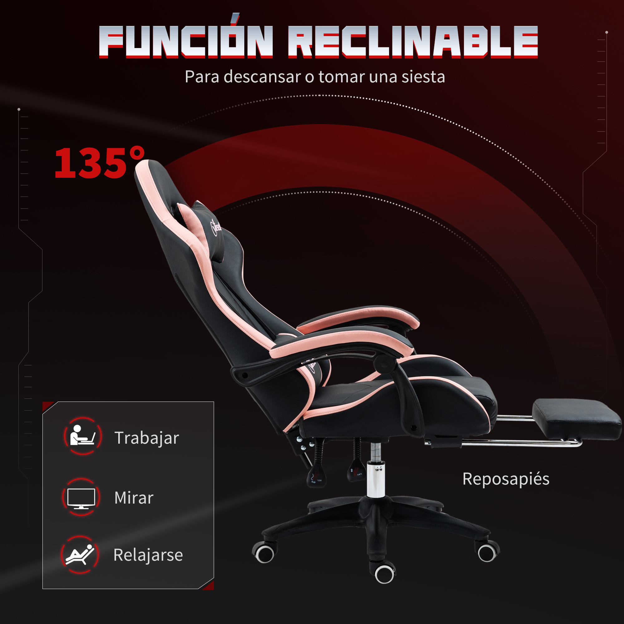 Silla gamer negra con acentos rosas, reposapiés extendido, reclinación 135°.