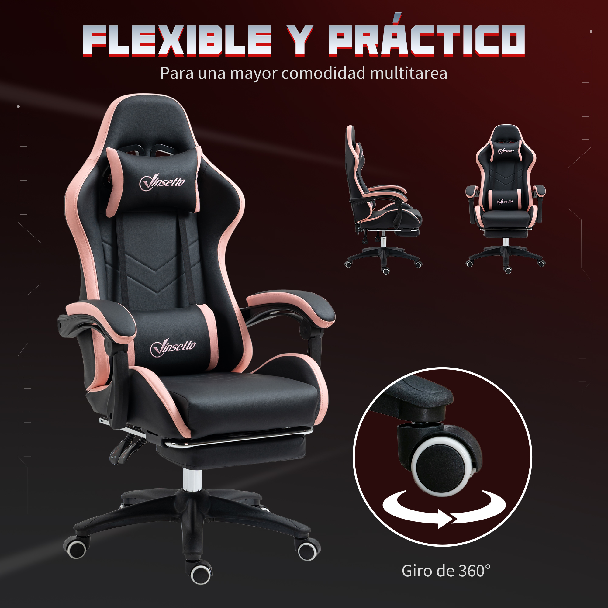 Silla gaming negra con detalles rosas, ajustable, con reposapiés y ruedas 360°.