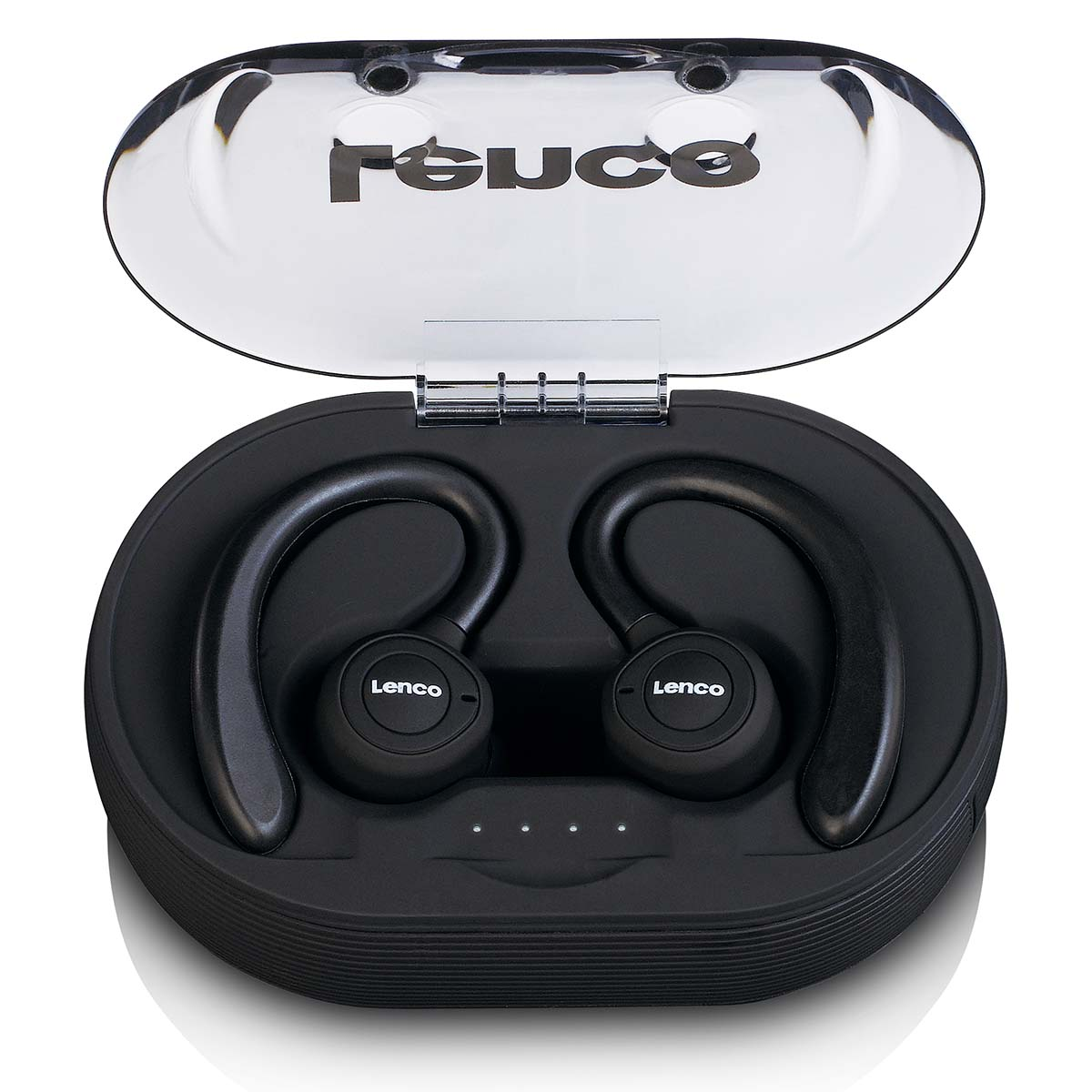 Auriculares negros Lenco en un estuche de carga negro abierto con tapa transparente.