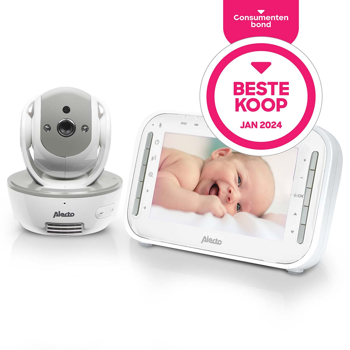 Ein Babyfon mit Kamera und Monitor. Auf dem Monitor ist ein Baby zu sehen.