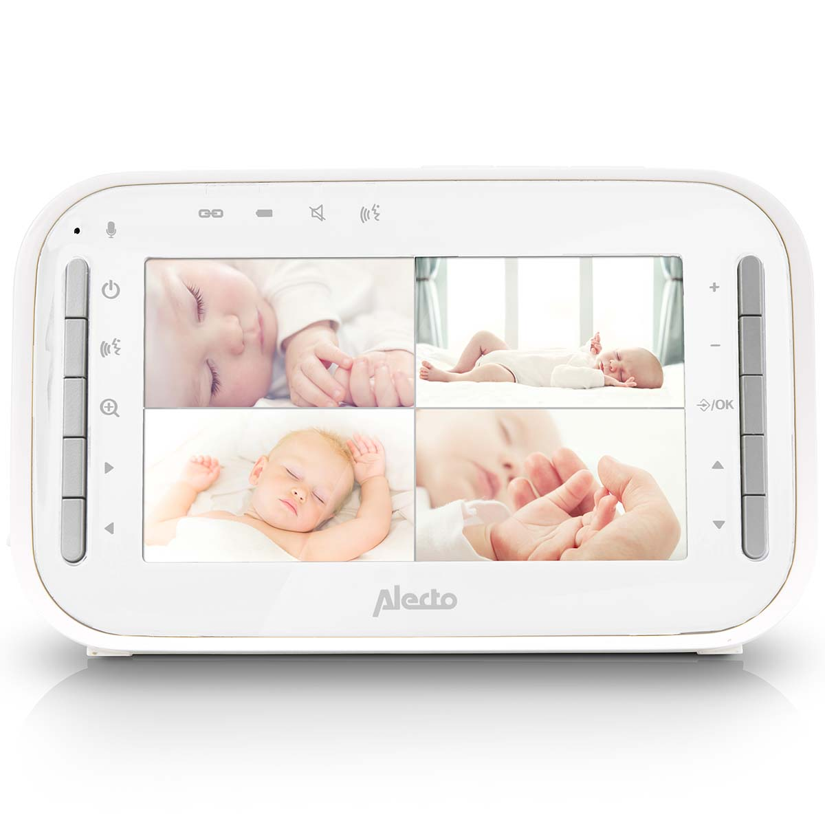 Ein weißer Baby Monitor zeigt vier schlafende Babys in verschiedenen Ansichten.