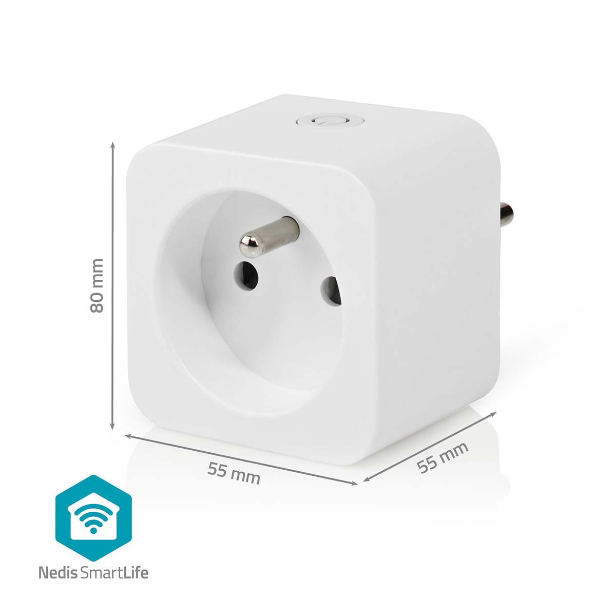 A white smart plug with dimensions, height 80mm, width 55mm.