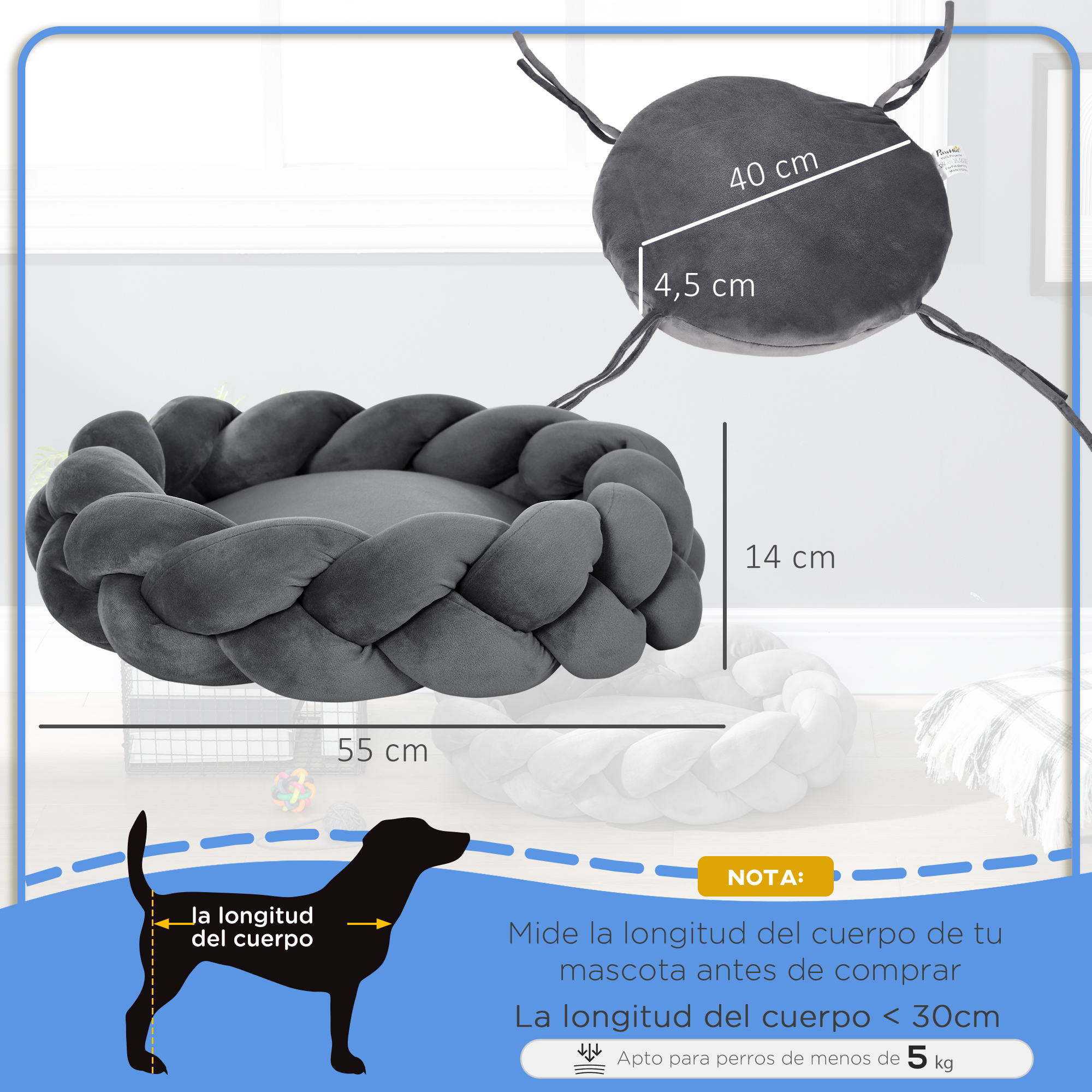 Cama redonda trenzada para perros, gris, 55cm. Incluye medidas y silueta.