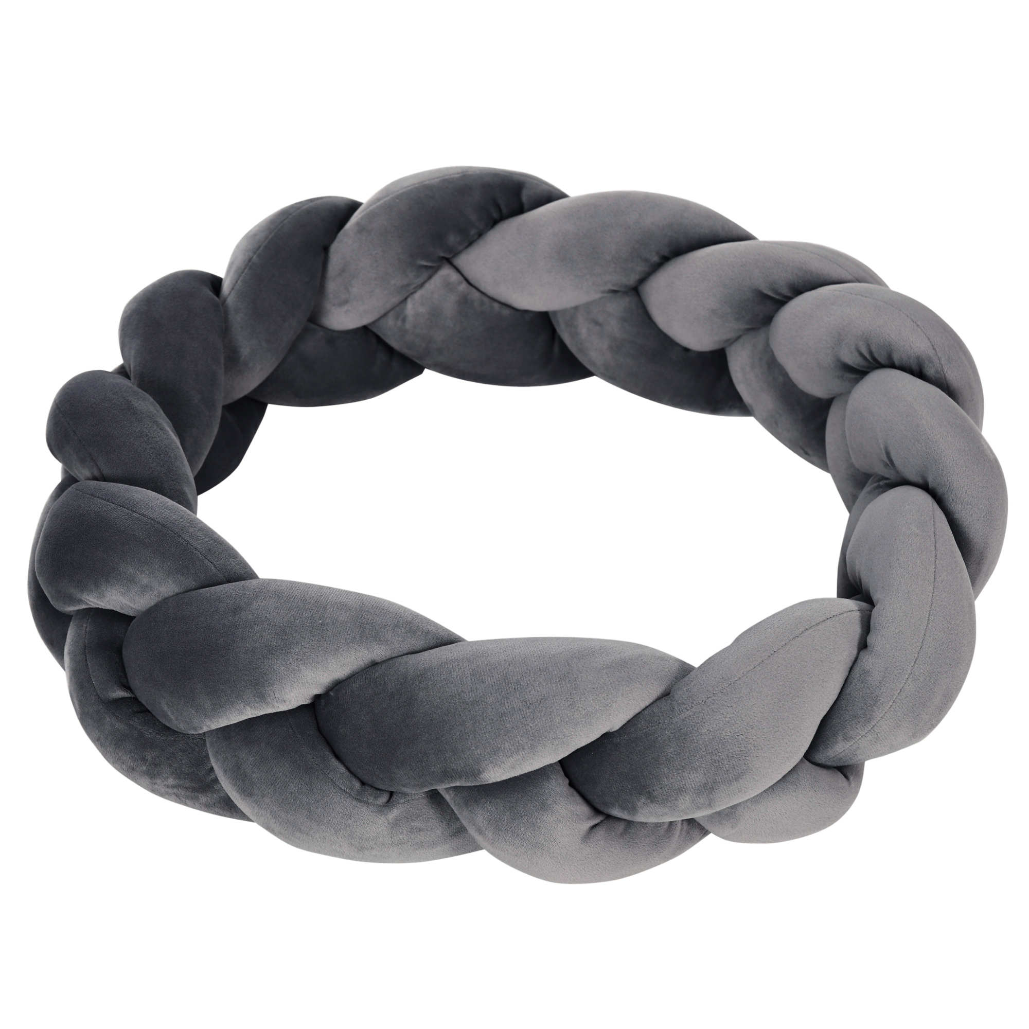 Parachoques de almohada trenzado gris, material suave, forma redonda.