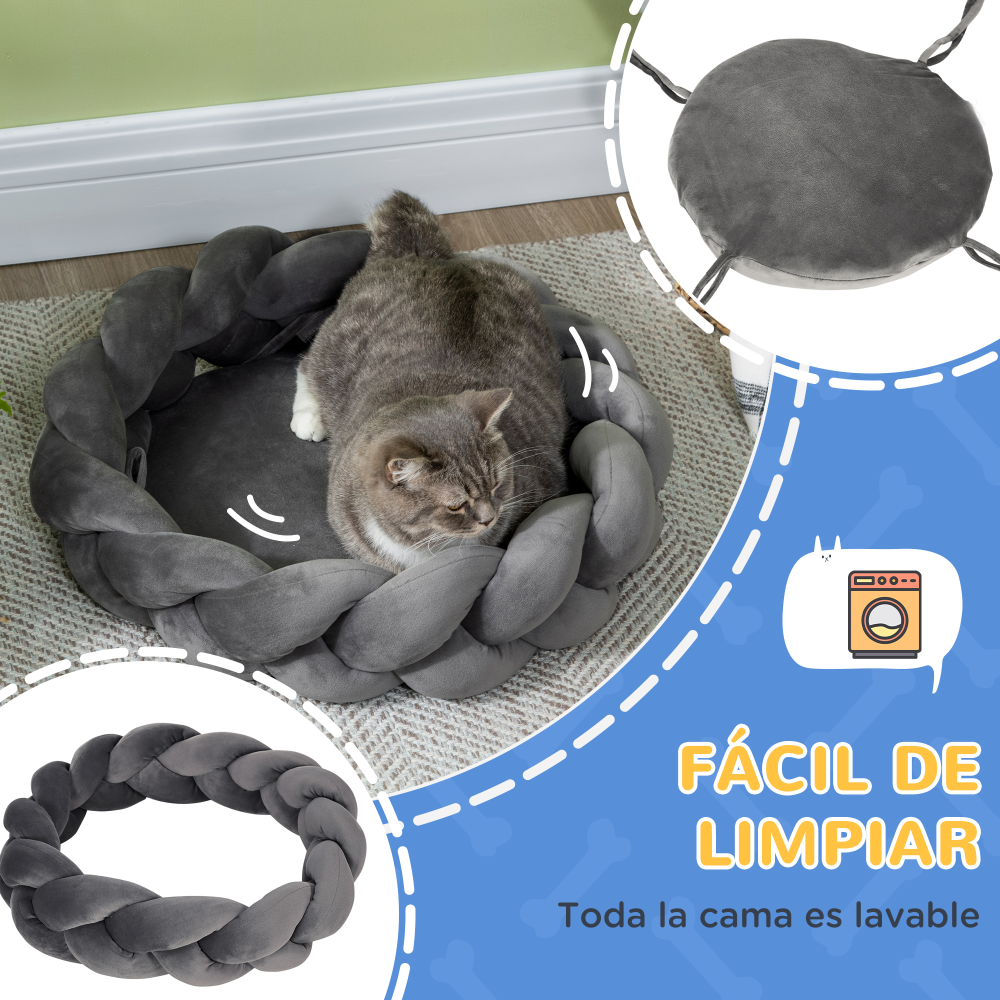 Gato gris en cama trenzada. Icono de lavadora.
