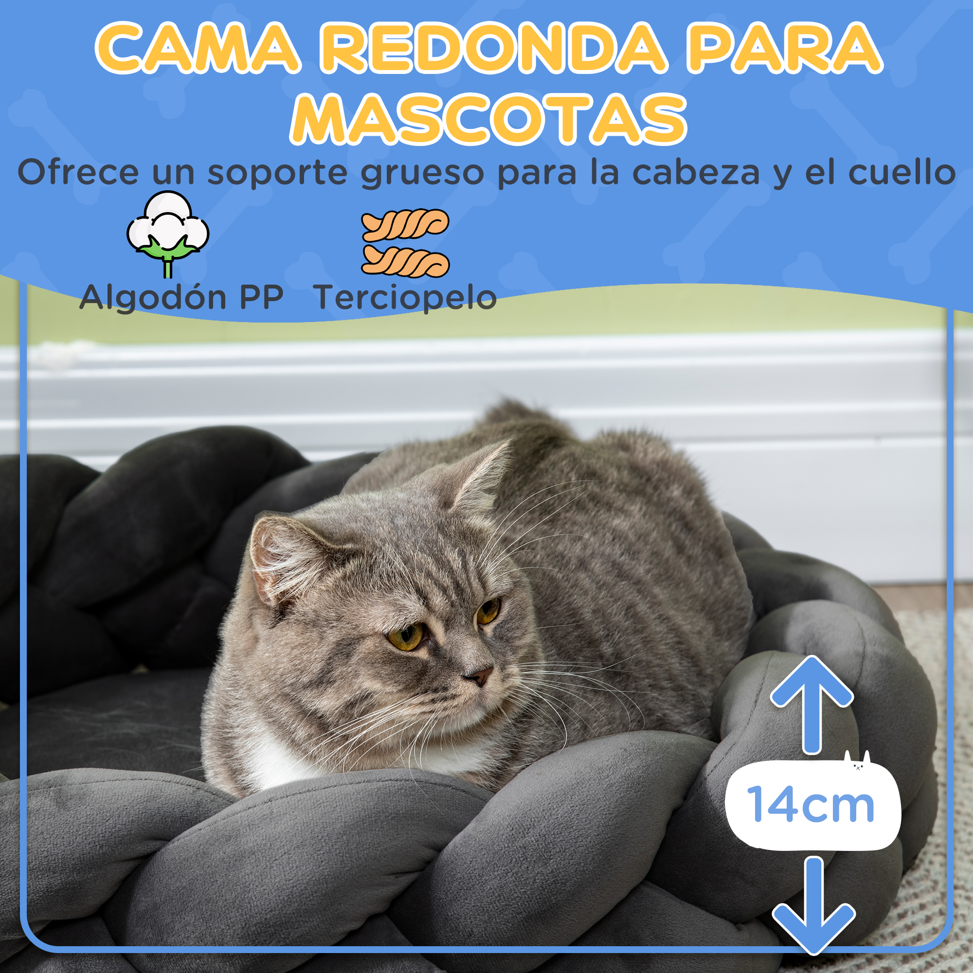 Un gato gris descansa en una cama redonda de mascota trenzada de 14cm.