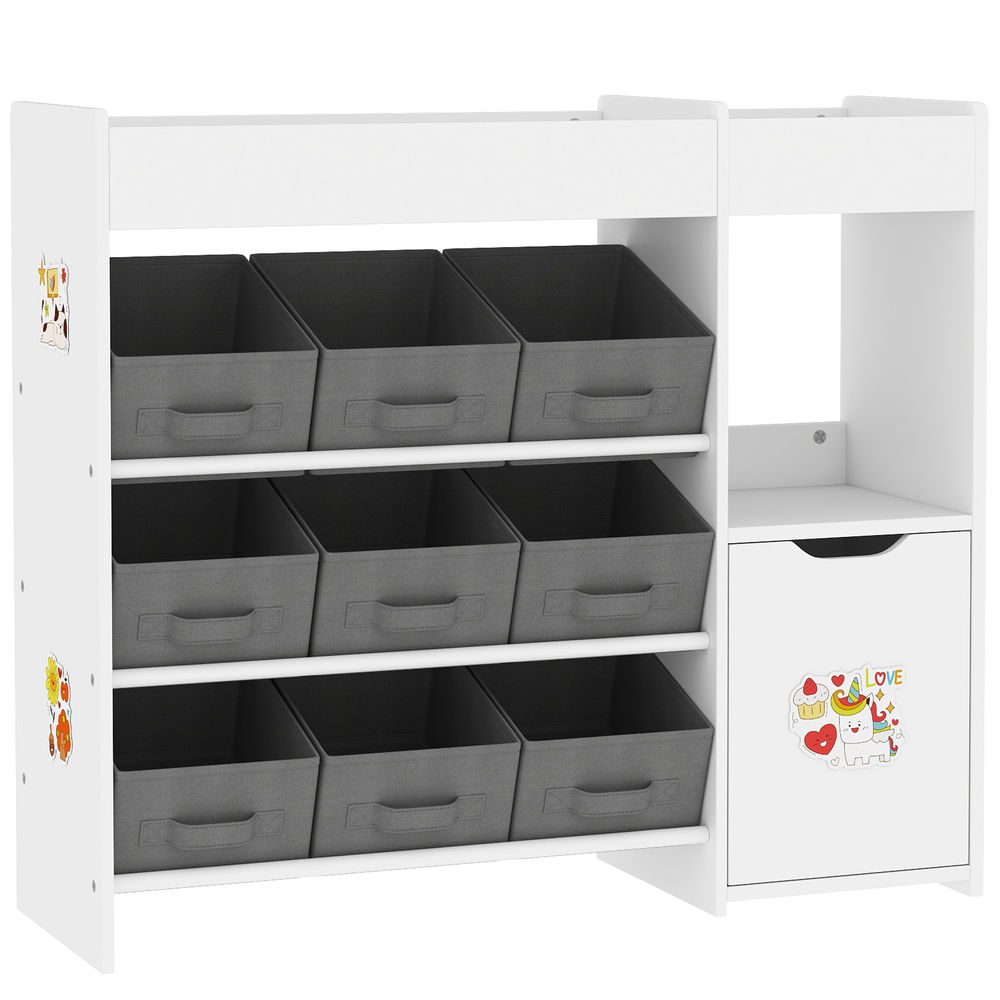 Organizador de juguetes blanco con 9 cubos de tela grises y un pequeño armario con pegatinas de unicornio.