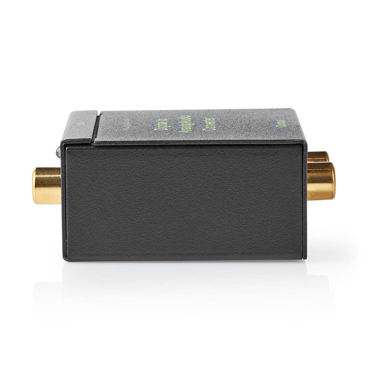 Schwarze Audio-Konverterbox mit goldenen Cinch-Anschlüssen an beiden Enden und grüner Schrift oben.