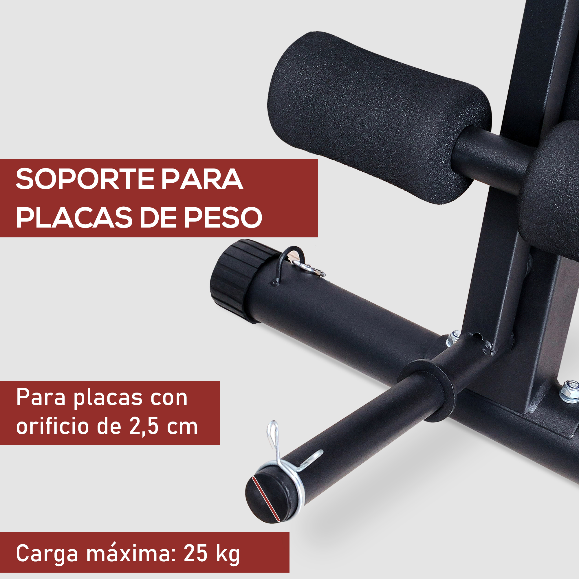 Soporte para placas de peso negro con acolchado y carga máxima de 25 kg.