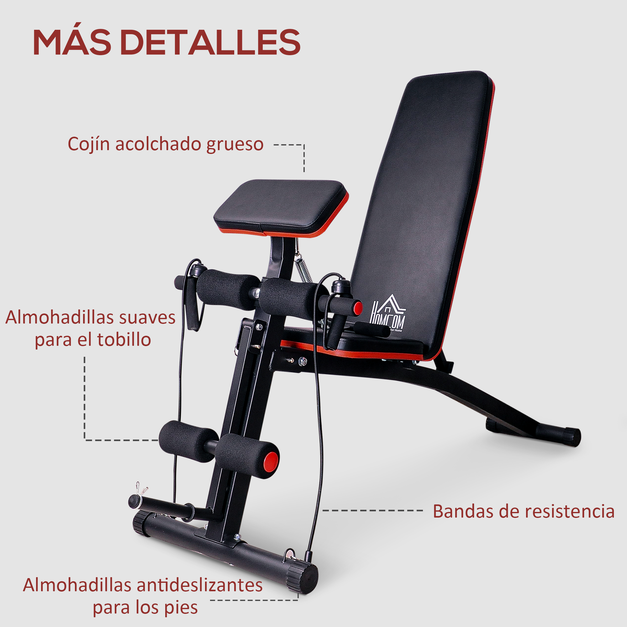Banco de ejercicios negro con detalles rojos, acolchado y bandas de resistencia.