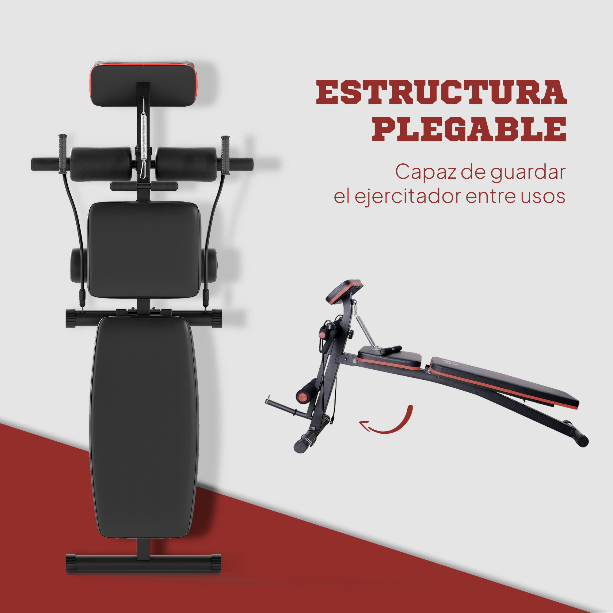 Equipo de ejercicio plegable con acolchado negro y detalles rojos. Se muestra en posición vertical y desplegada.
