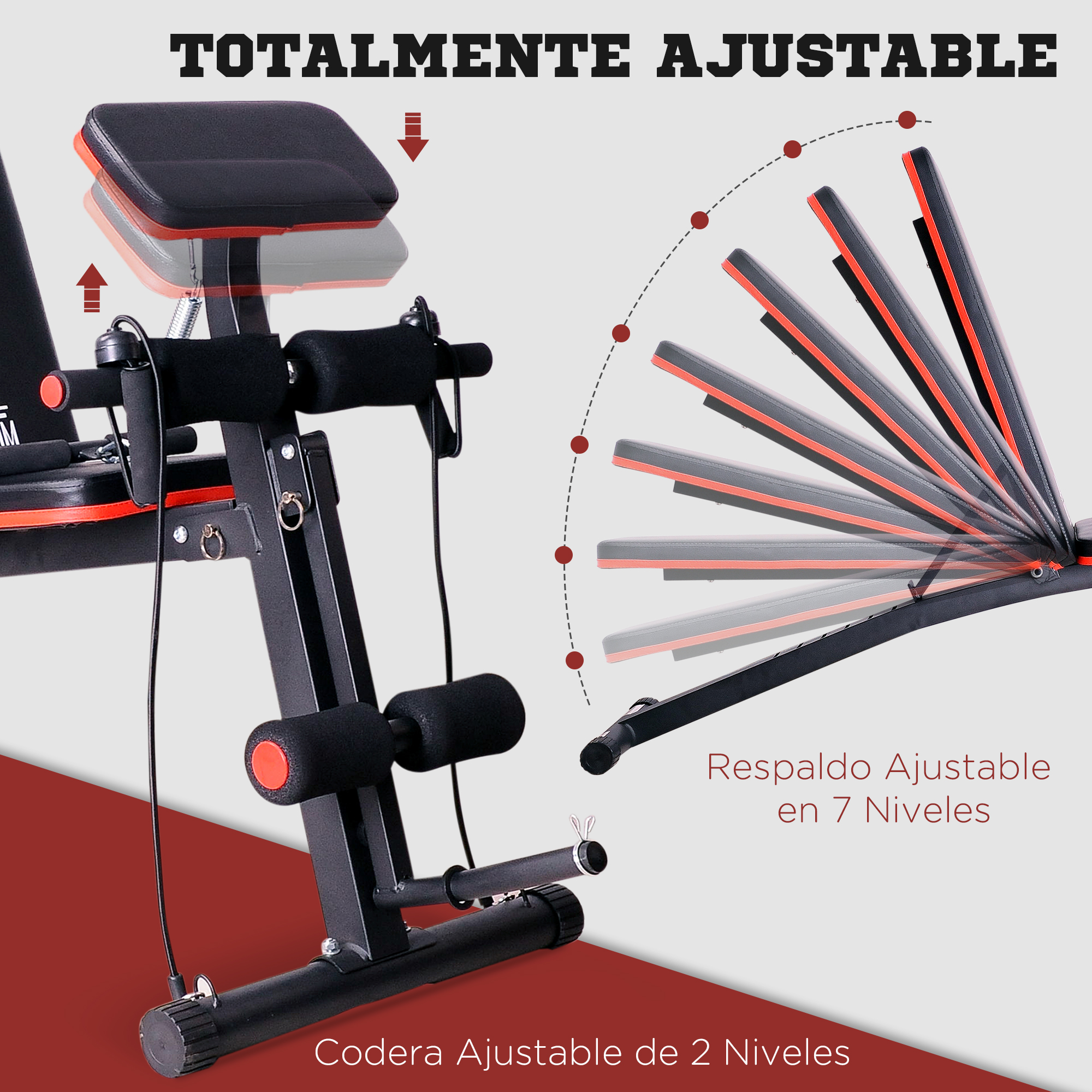 Banco de pesas ajustable con rodillos acolchados y respaldo reclinable.