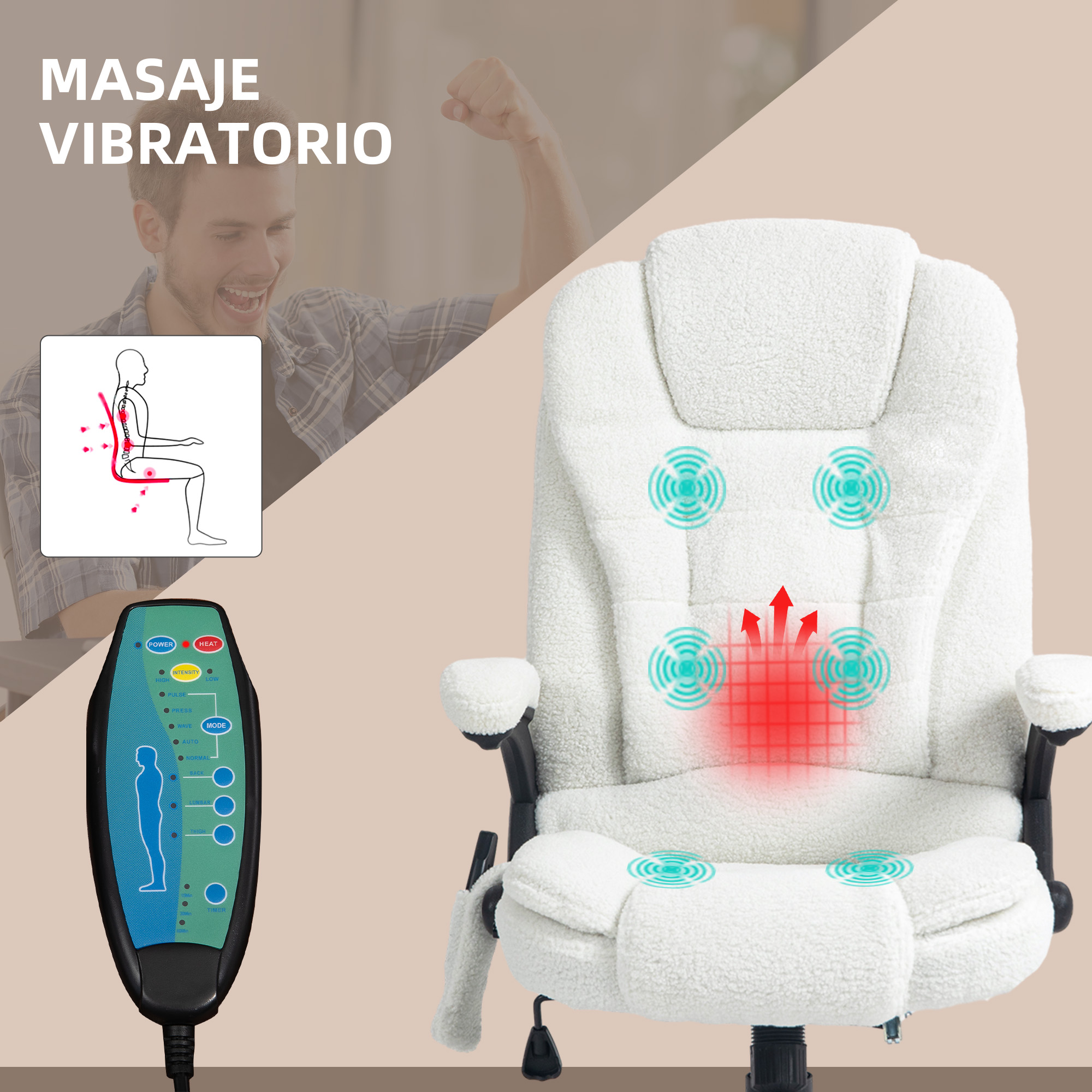 Una silla de masaje blanca de peluche con mando y diagrama.