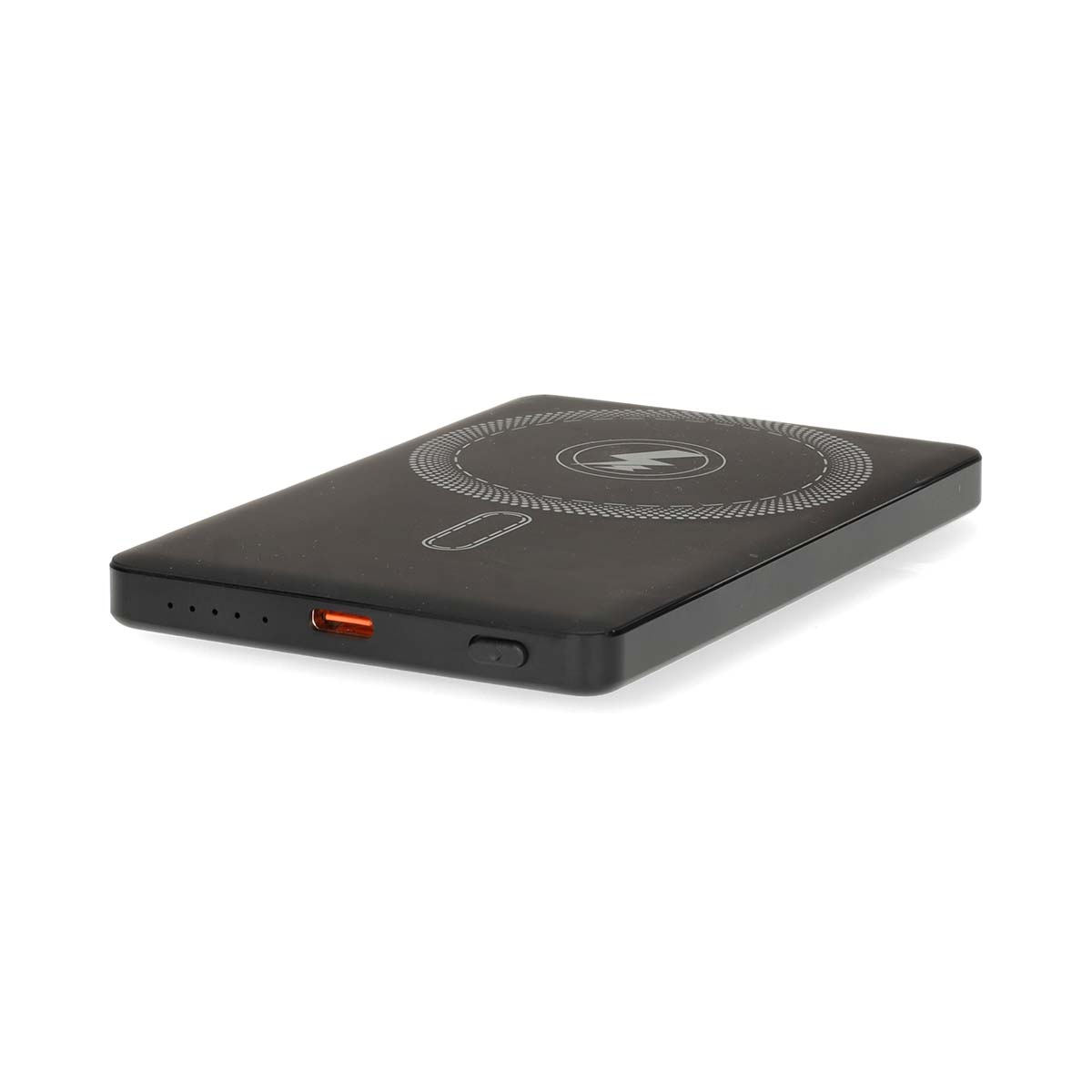 Dispositivo power bank nero rettangolare con indicatori di carica e logo fulmine.