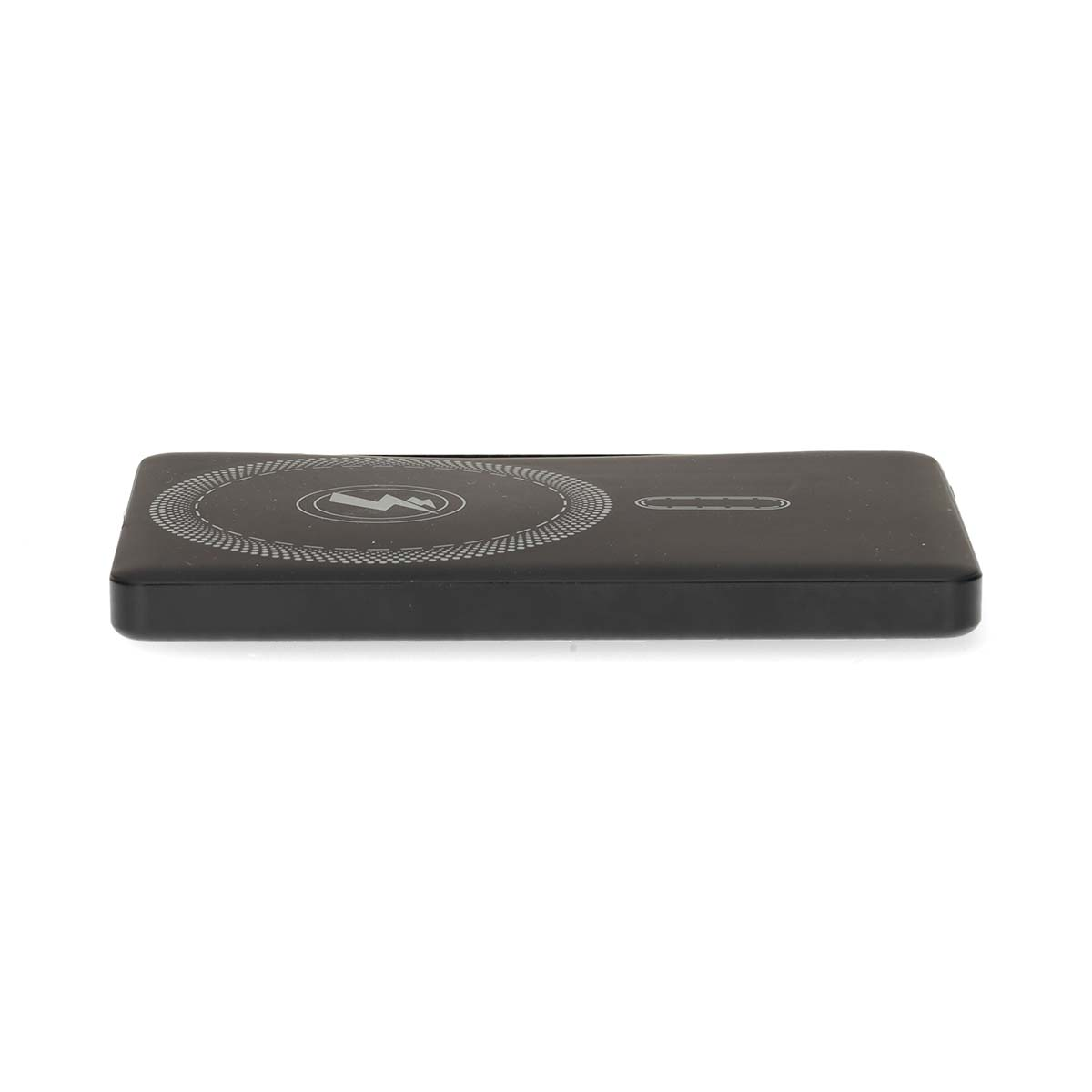 Un caricabatterie wireless nero con un simbolo di fulmine.
