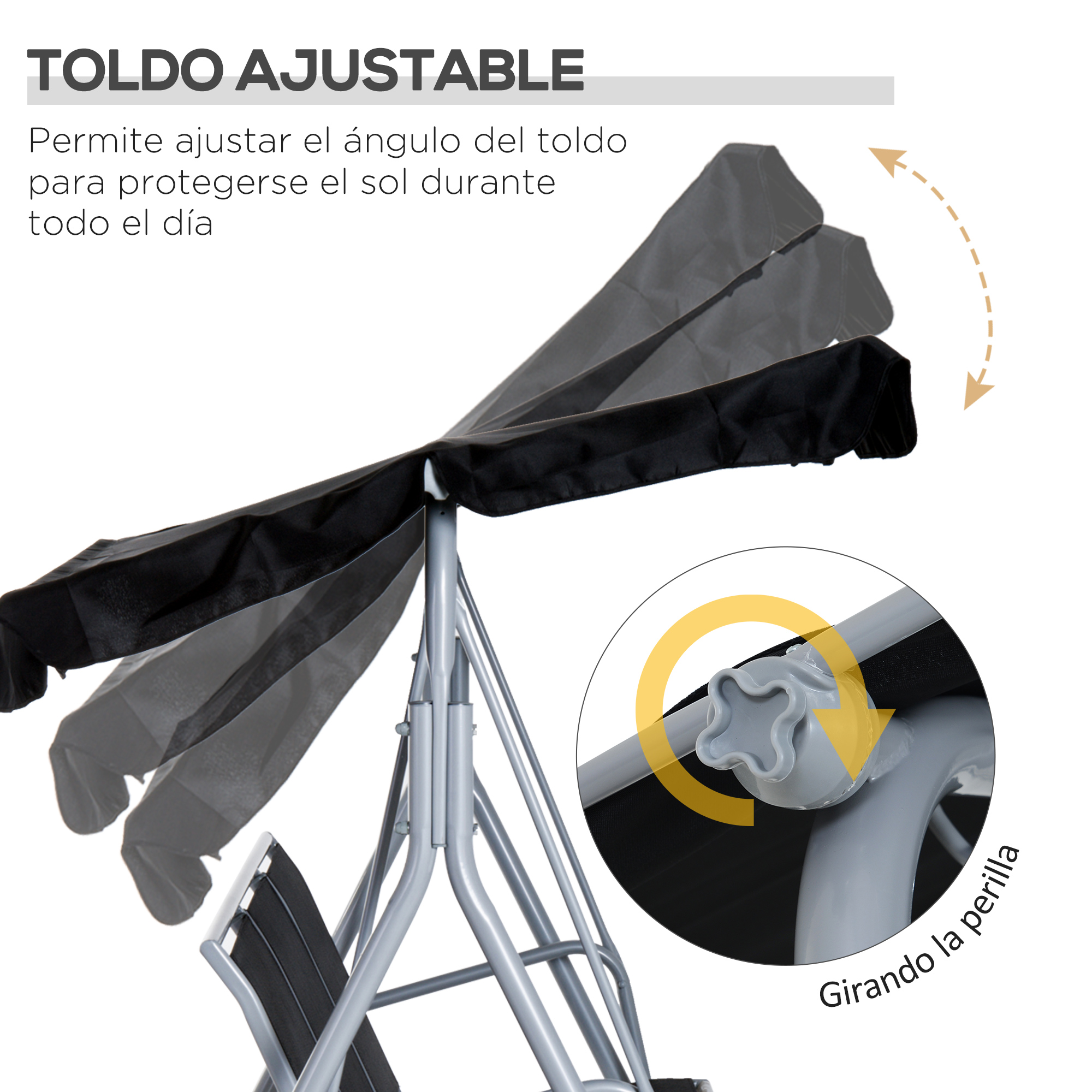 Toldo ajustable con estructura de metal gris y tela negra.
