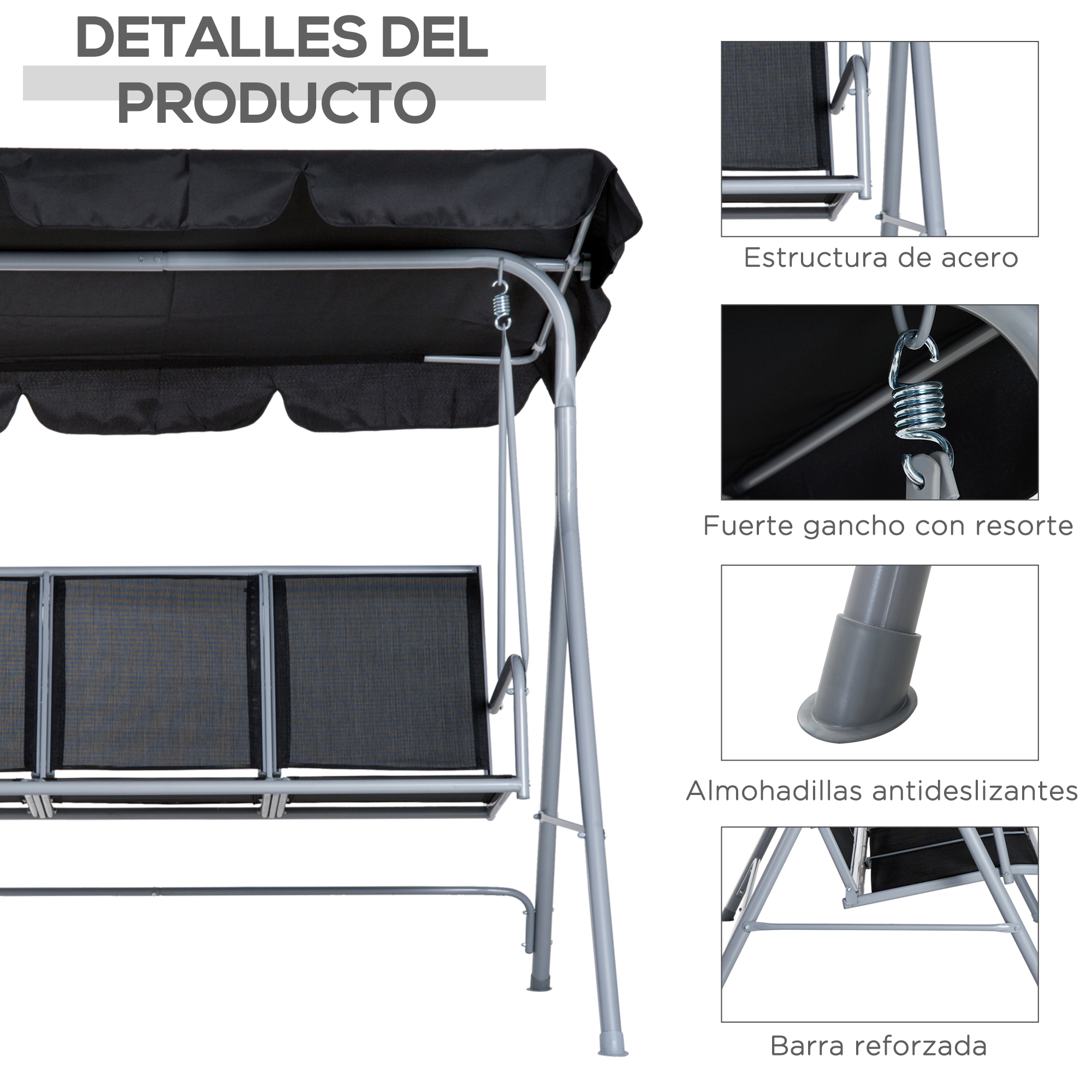 Un marco de columpio gris con toldo y asiento negros.