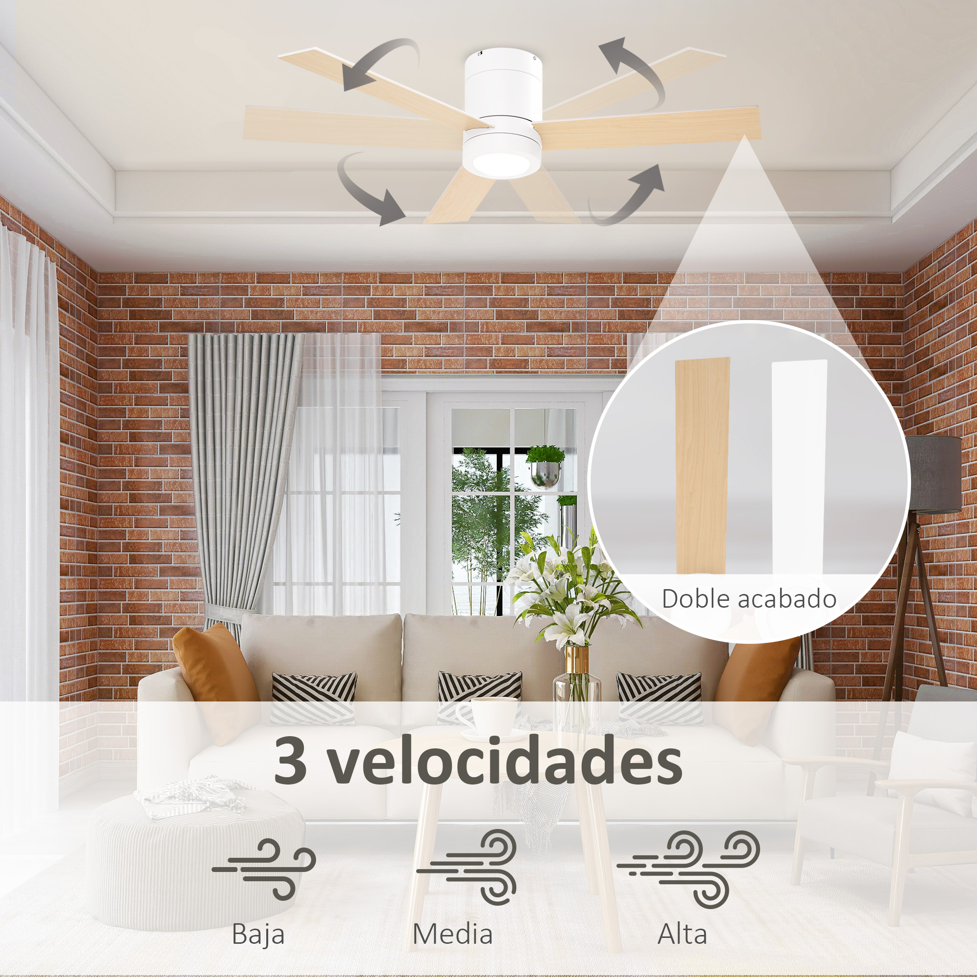 Ventilador de techo con aspas de madera, 3 velocidades, decoración de sala.