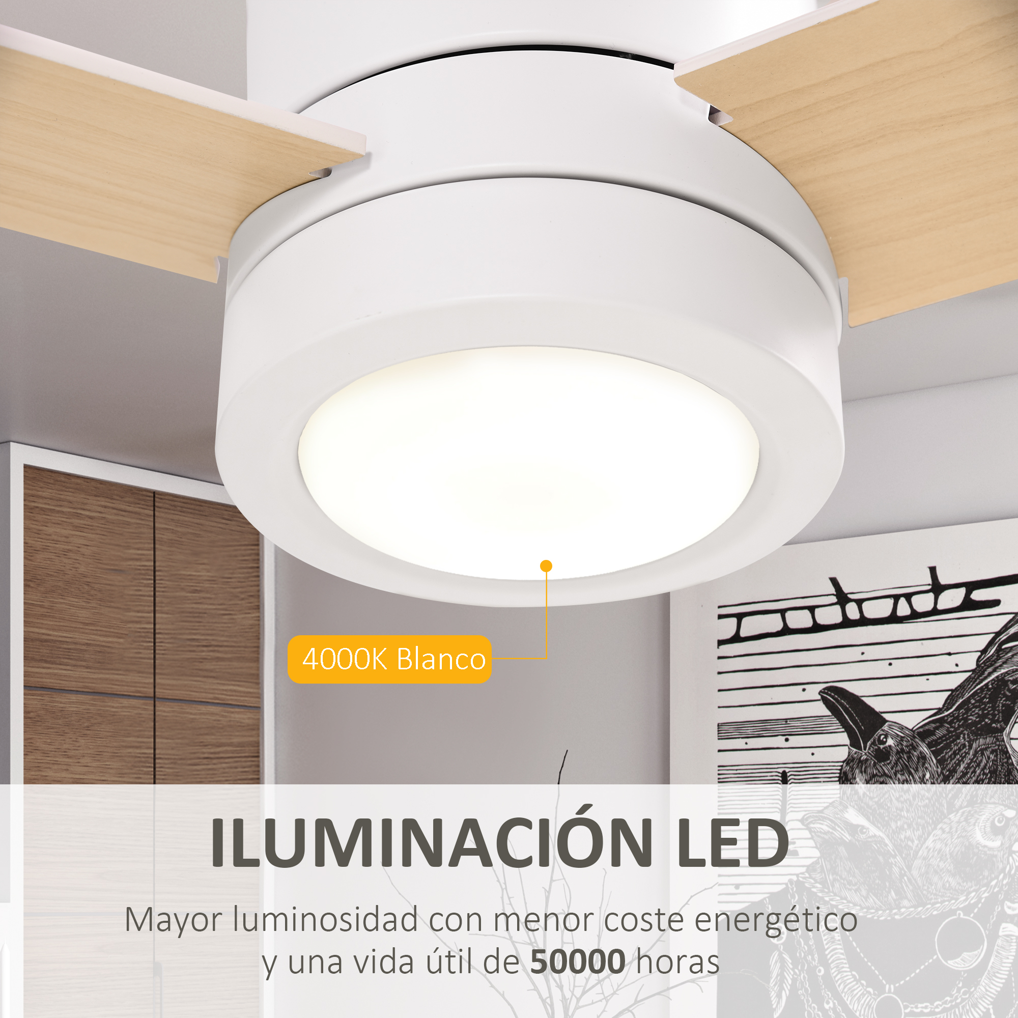 Ventilador de techo con luz LED blanca, 4000K. Aspas de madera.