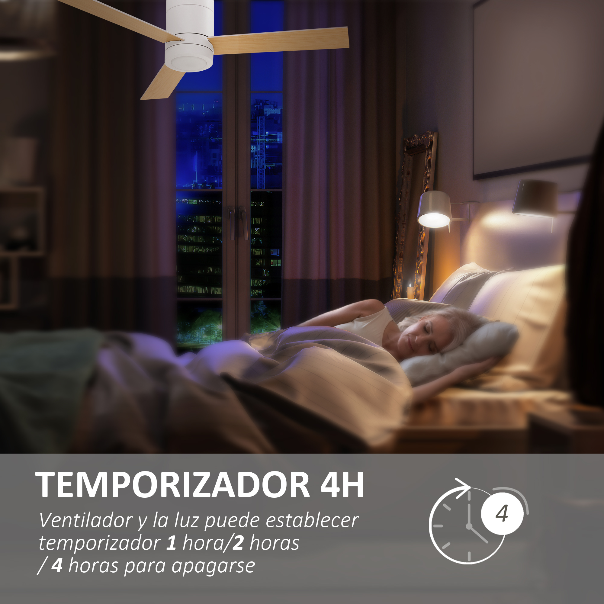 Mujer duerme en cama, ventilador de techo y ciudad nocturna de fondo.