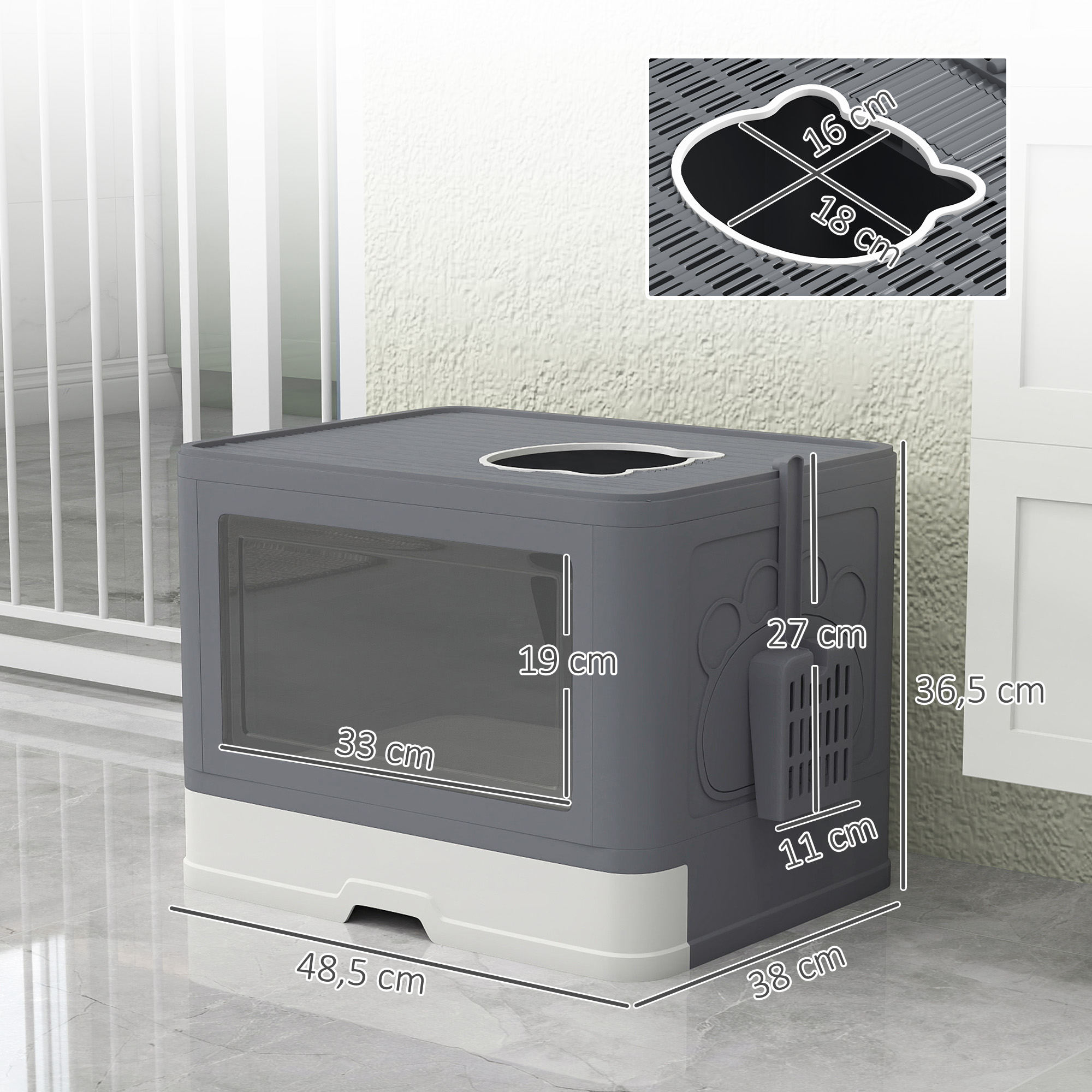 Arenero gris y blanco con dimensiones: 48,5x38x36,5 cm.