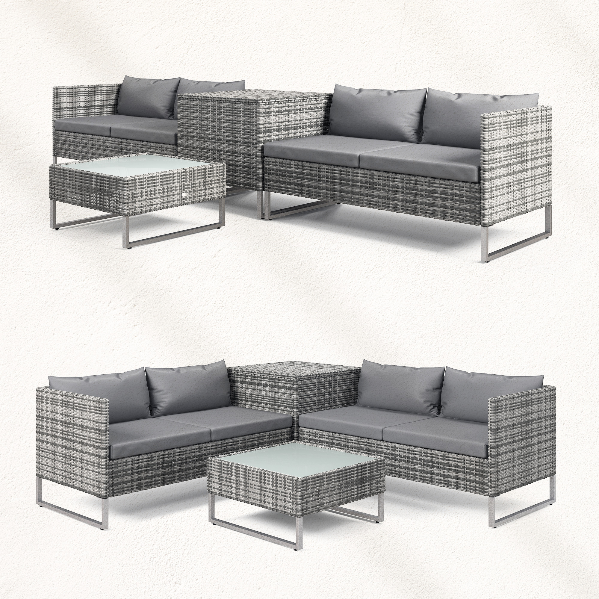 Set divano in rattan grigio con tavolino in vetro e gambe in metallo.