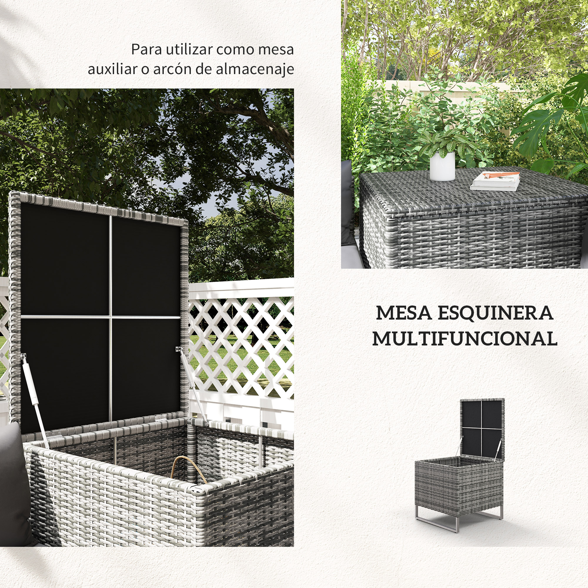 Caja de almacenamiento de mimbre con tapa abierta, usada como mesa exterior.