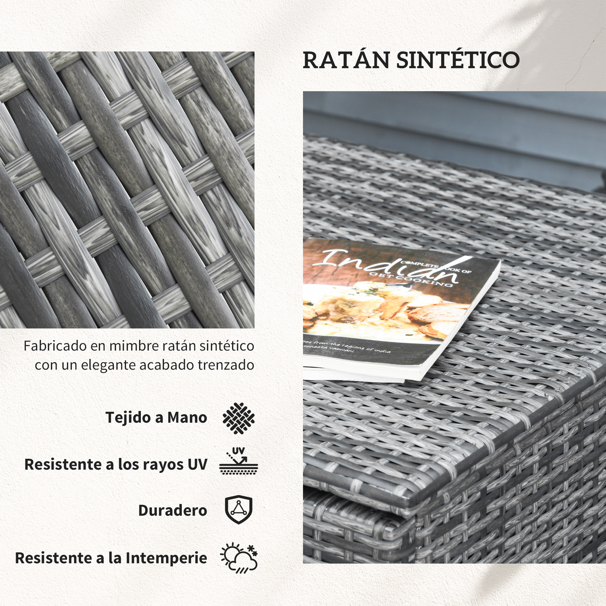 Un libro de cocina india sobre un mueble de ratán gris.