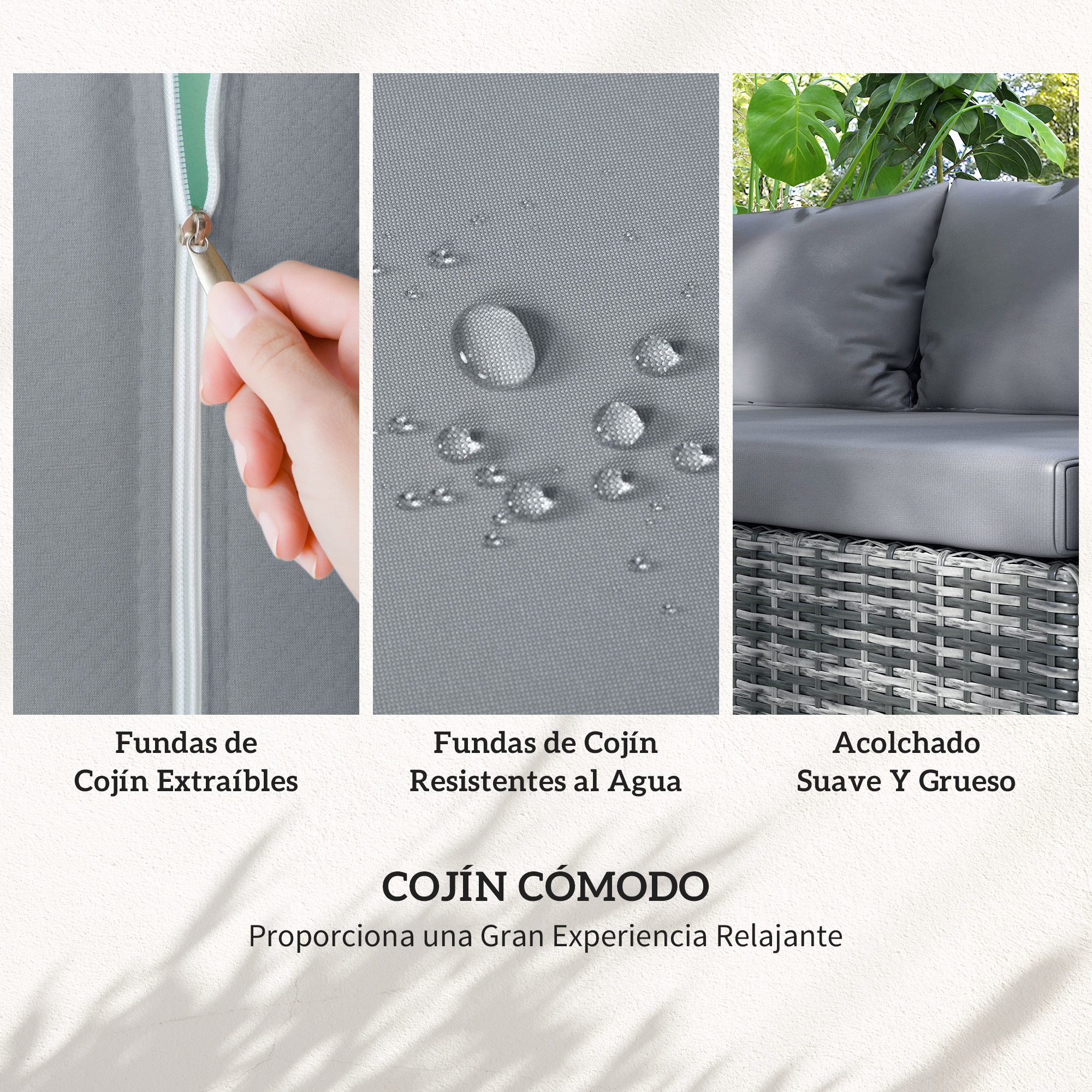 Fundas de cojín grises: con cremallera, impermeables, acolchadas.