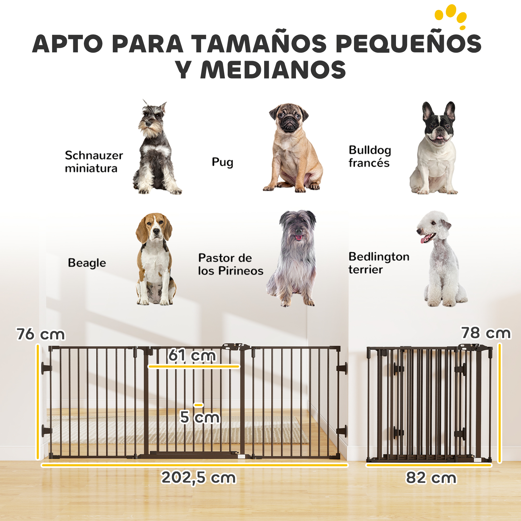 Puertas para perros con indicaciones de tamaño y razas.