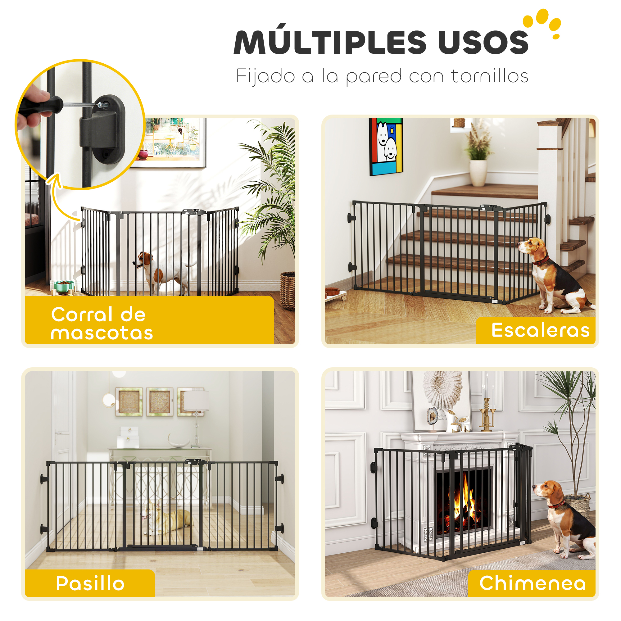 Colage de una barrera metálica para mascotas en cuatro entornos del hogar: corral, escaleras, pasillo, chimenea.