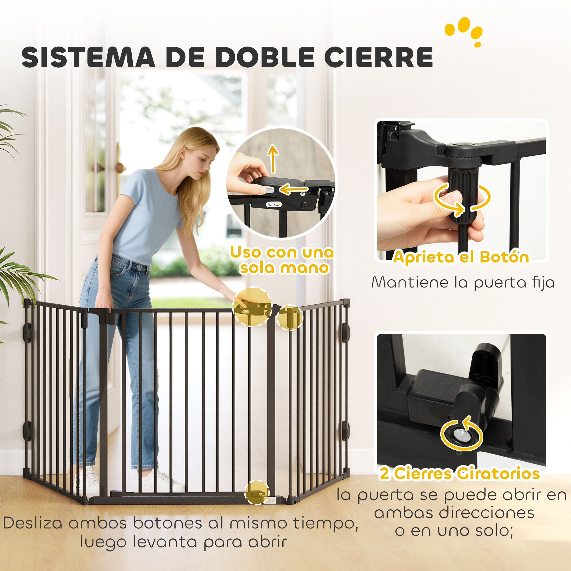 Una mujer rubia abre una puerta de seguridad de metal oscuro. Primeros planos muestran el mecanismo.