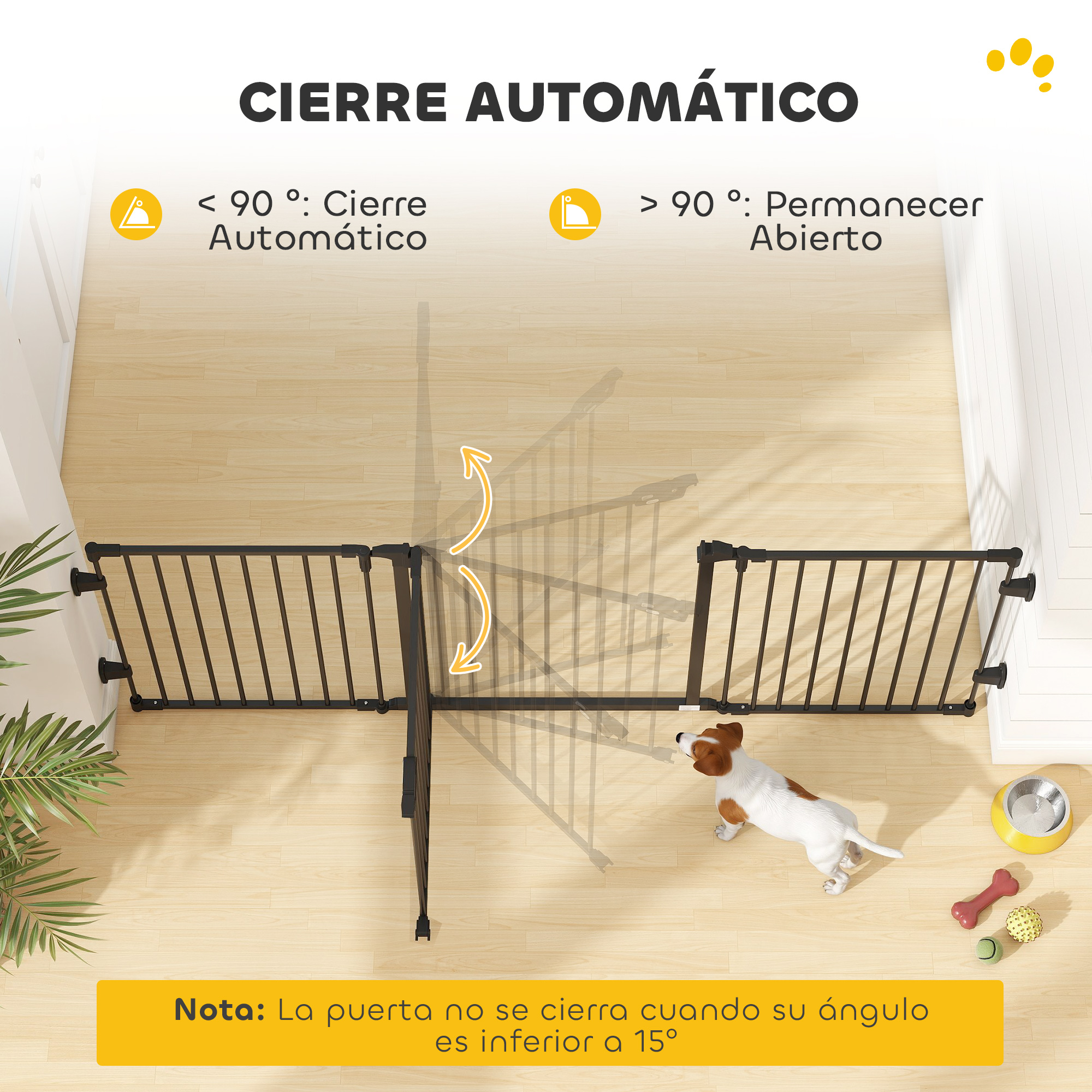 Un perro y una puerta en suelo de madera. Información sobre función de cierre automático.