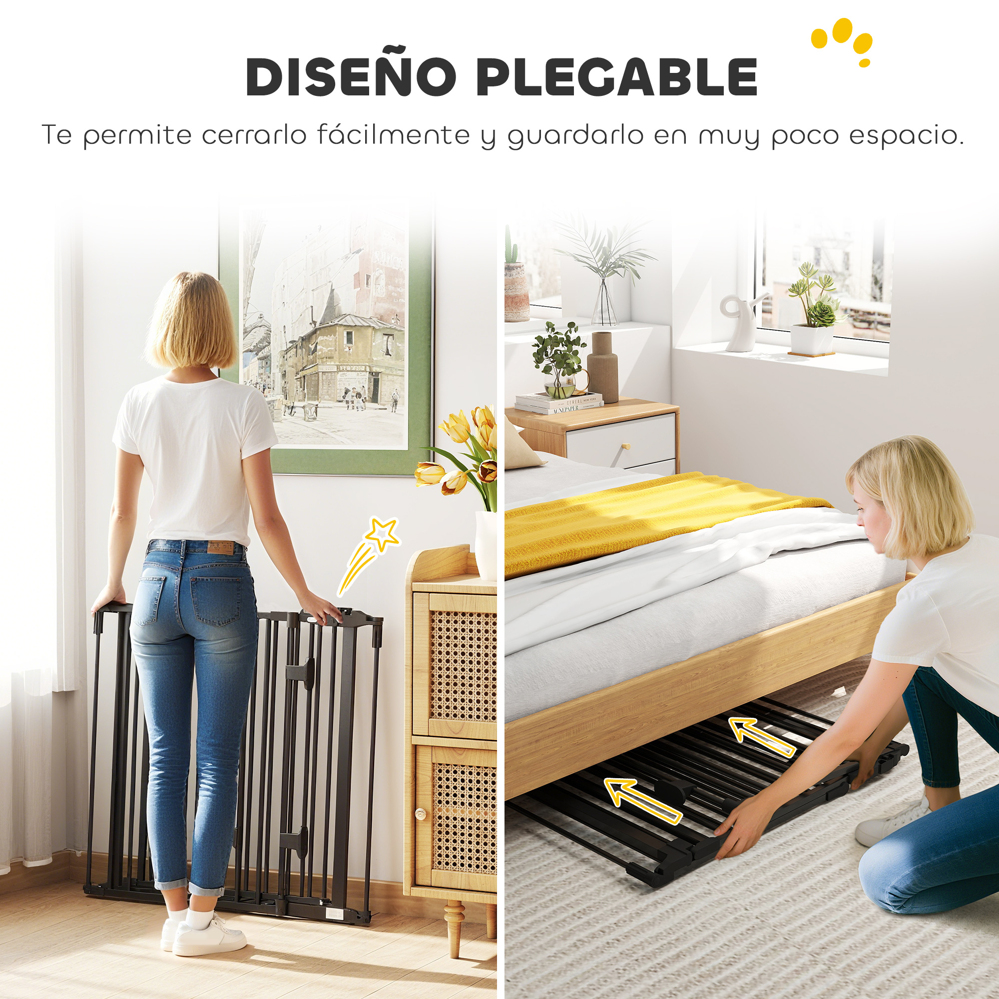 Mujer cerrando puerta de seguridad negra, mostrando su diseño plegable.
