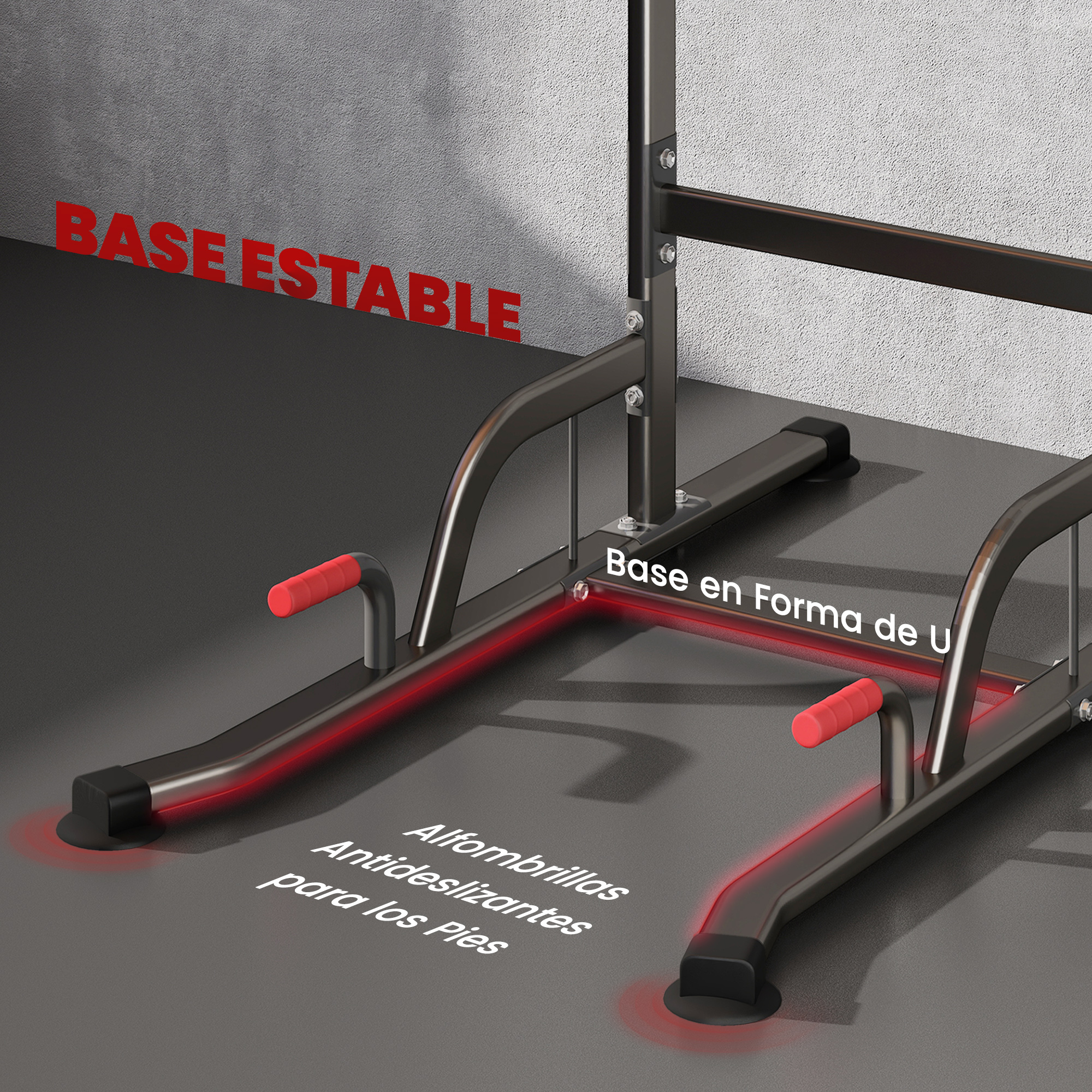 Base estable en forma de U con pies antideslizantes y agarres rojos.