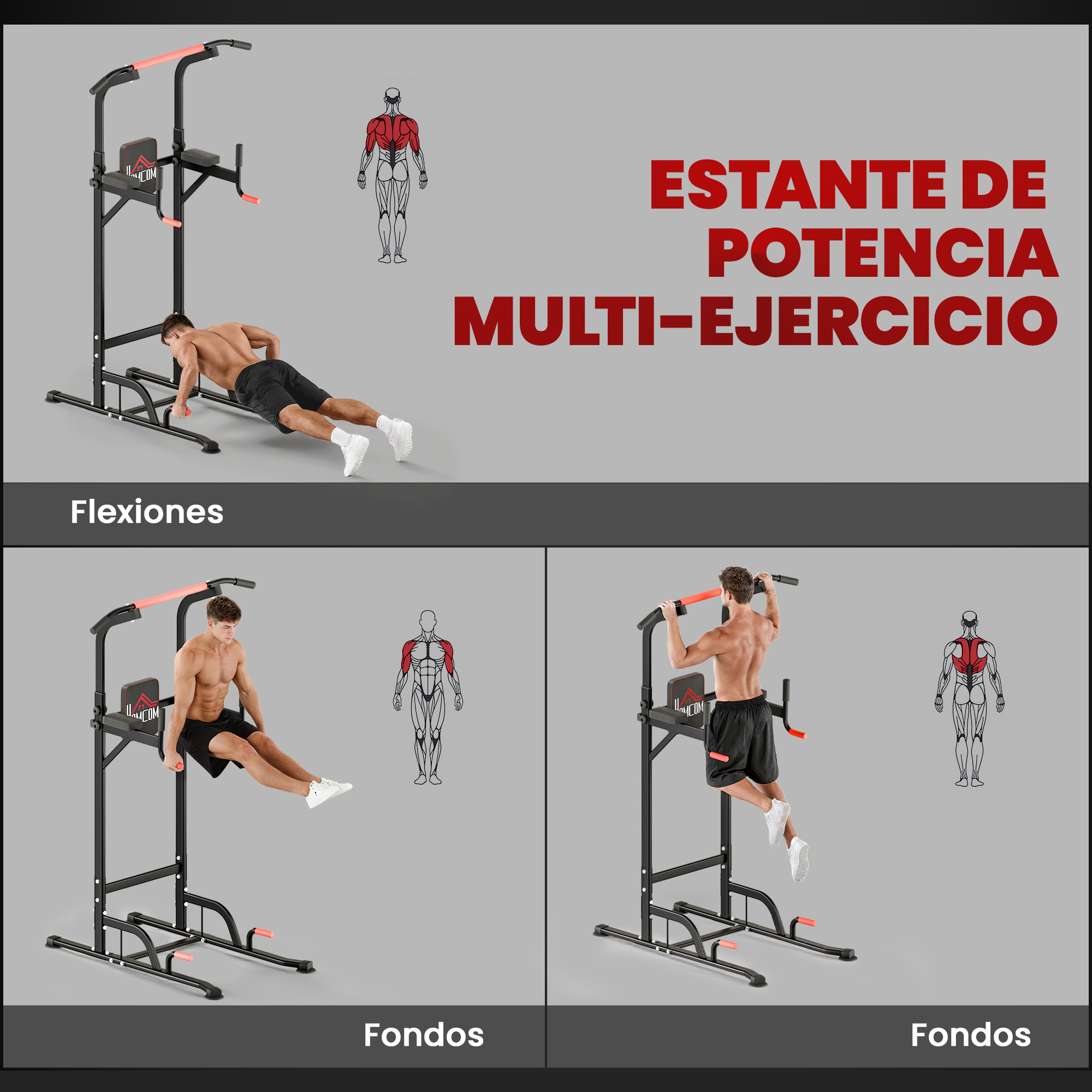 Hombre haciendo flexiones, fondos y dominadas en una estación de ejercicios negra.