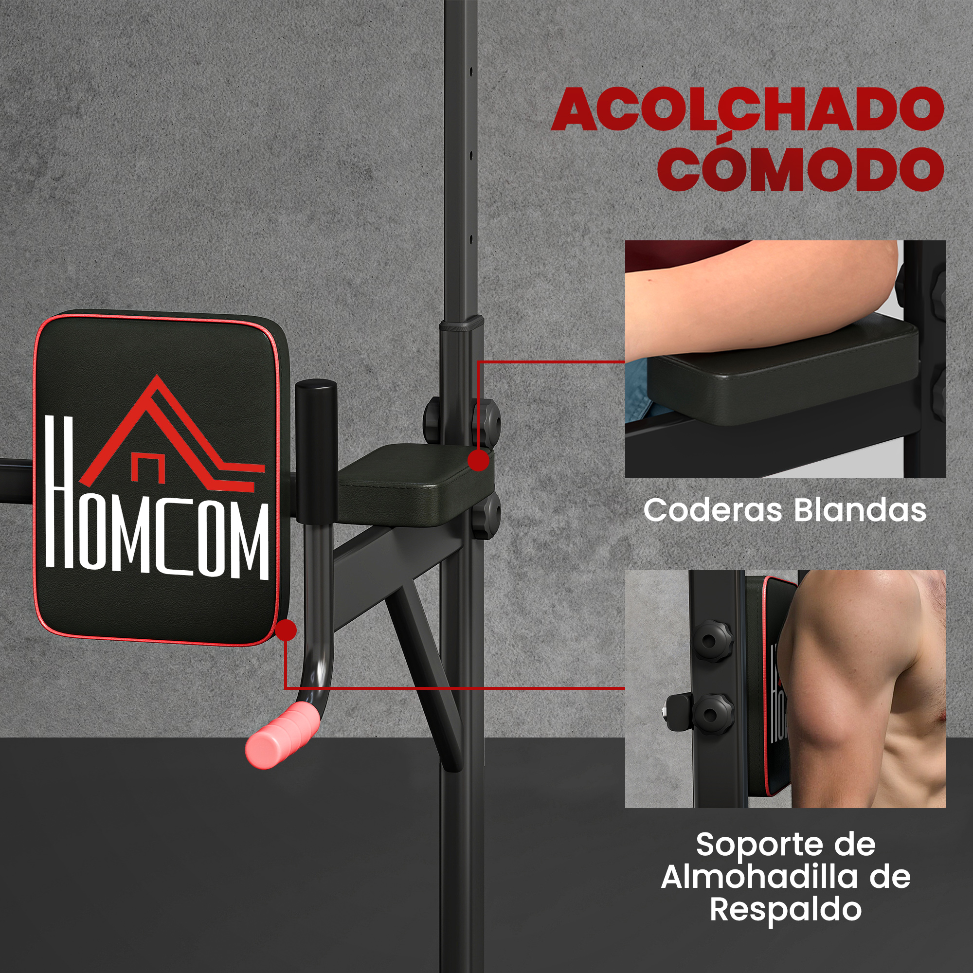 Equipo de fitness con acolchado y mangos. Primer plano de un brazo sobre almohadilla.