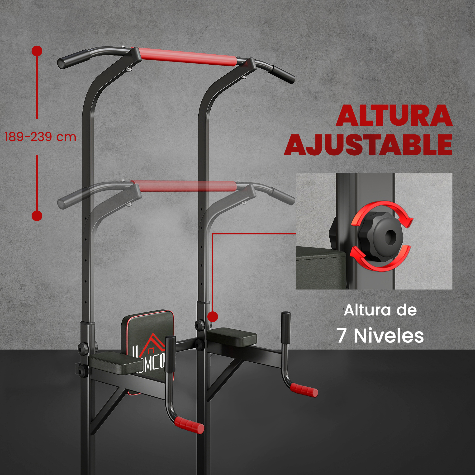 Torre de potencia ajustable con detalles rojos, altura 189-239 cm.