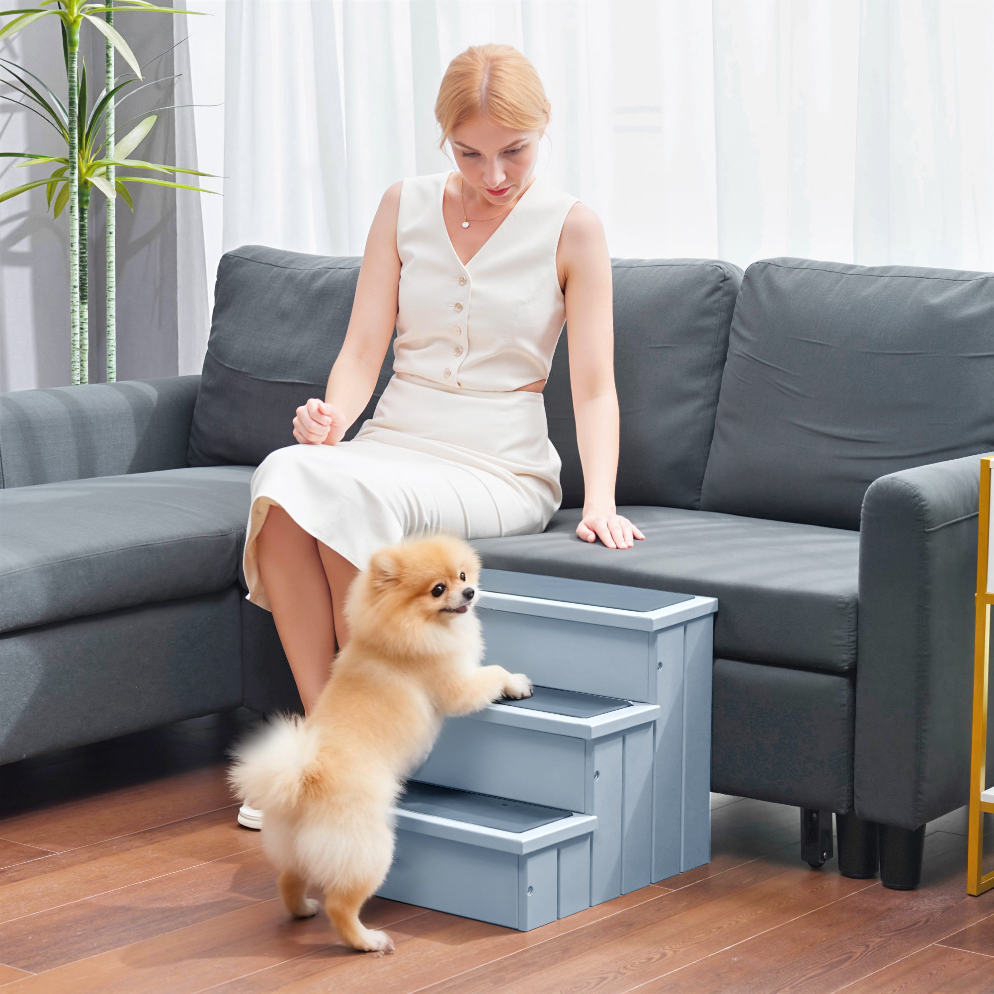 Una mujer se sienta en un sofá, un perro sube escalones grises.