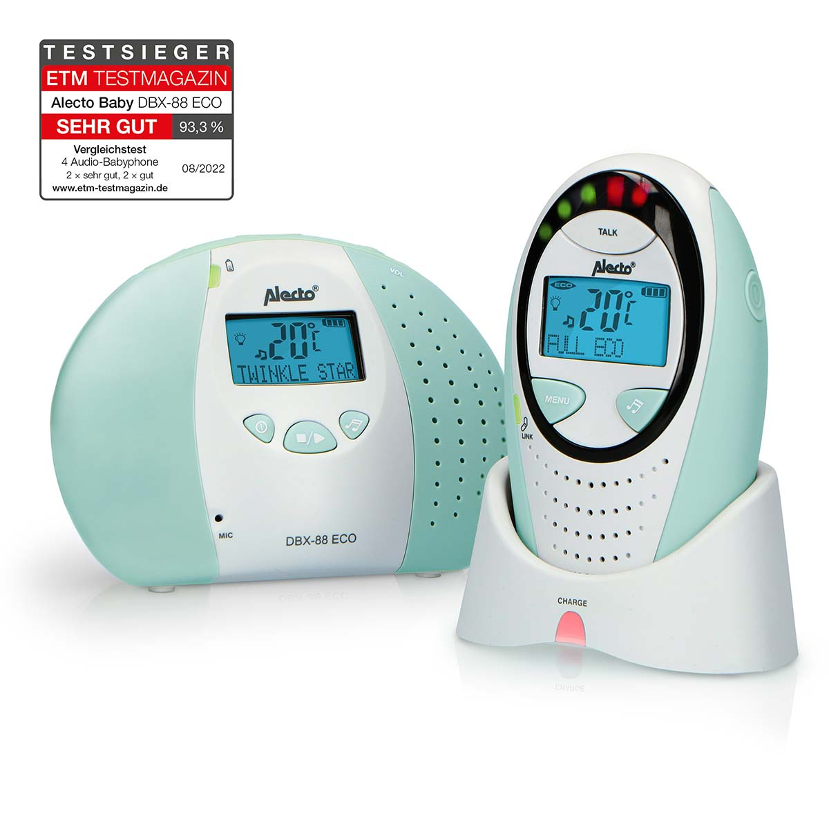 Two Alecto baby monitors, a parent unit and a baby unit, on a white background.