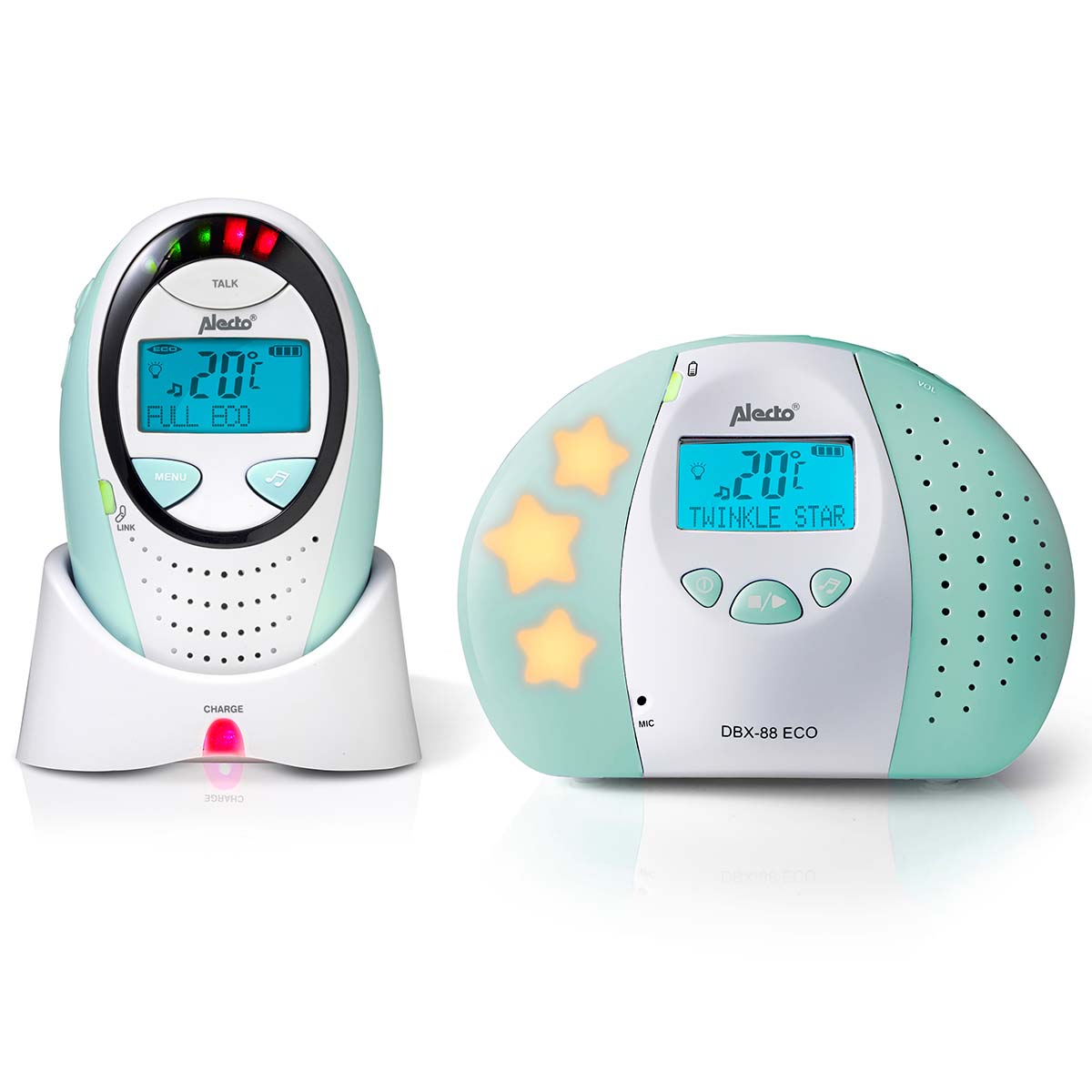 Two Alecto baby monitors in mint green on a white background, showing displays and stars.