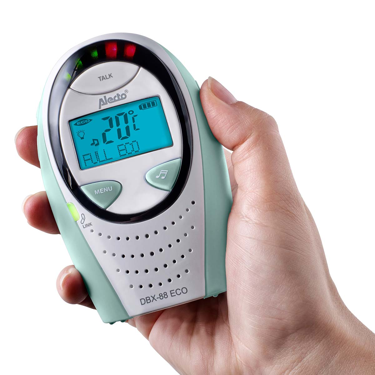 A hand holds a baby monitor with a blue screen displaying 20°C.
