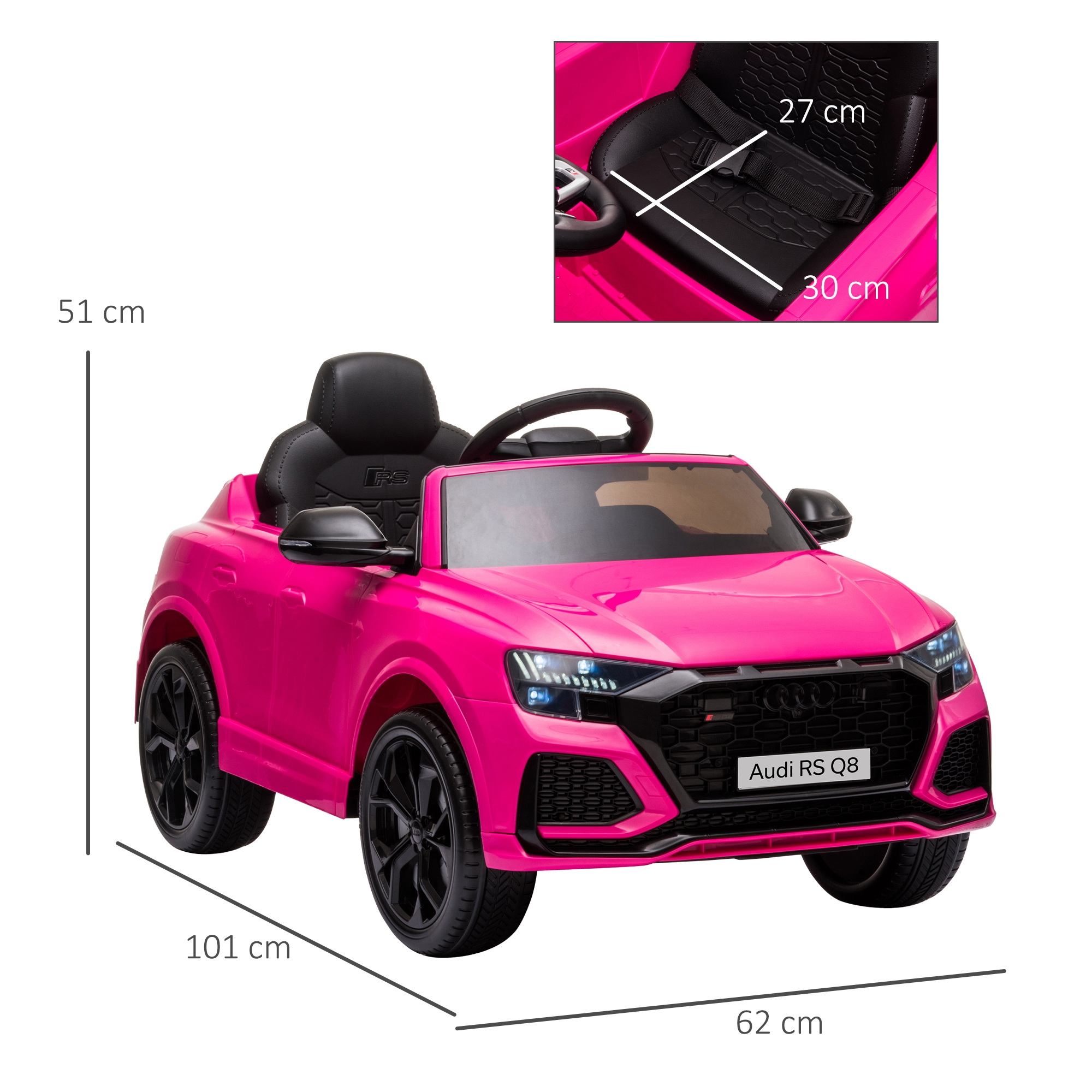 Un coche eléctrico Audi RS Q8 rosa para niños con ruedas y asiento negros.