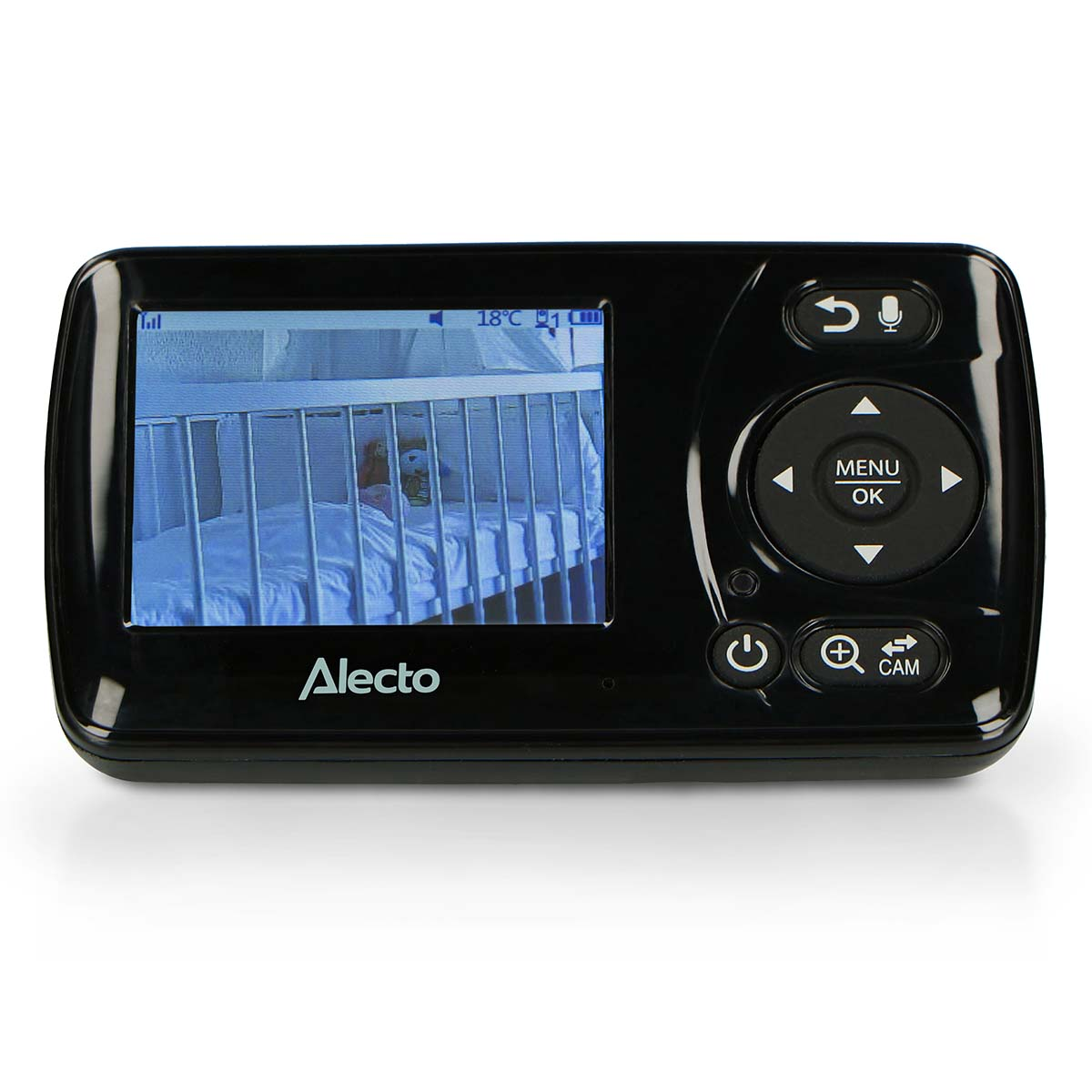 A baby monitor displays a crib with a teddy bear and the text Alecto.