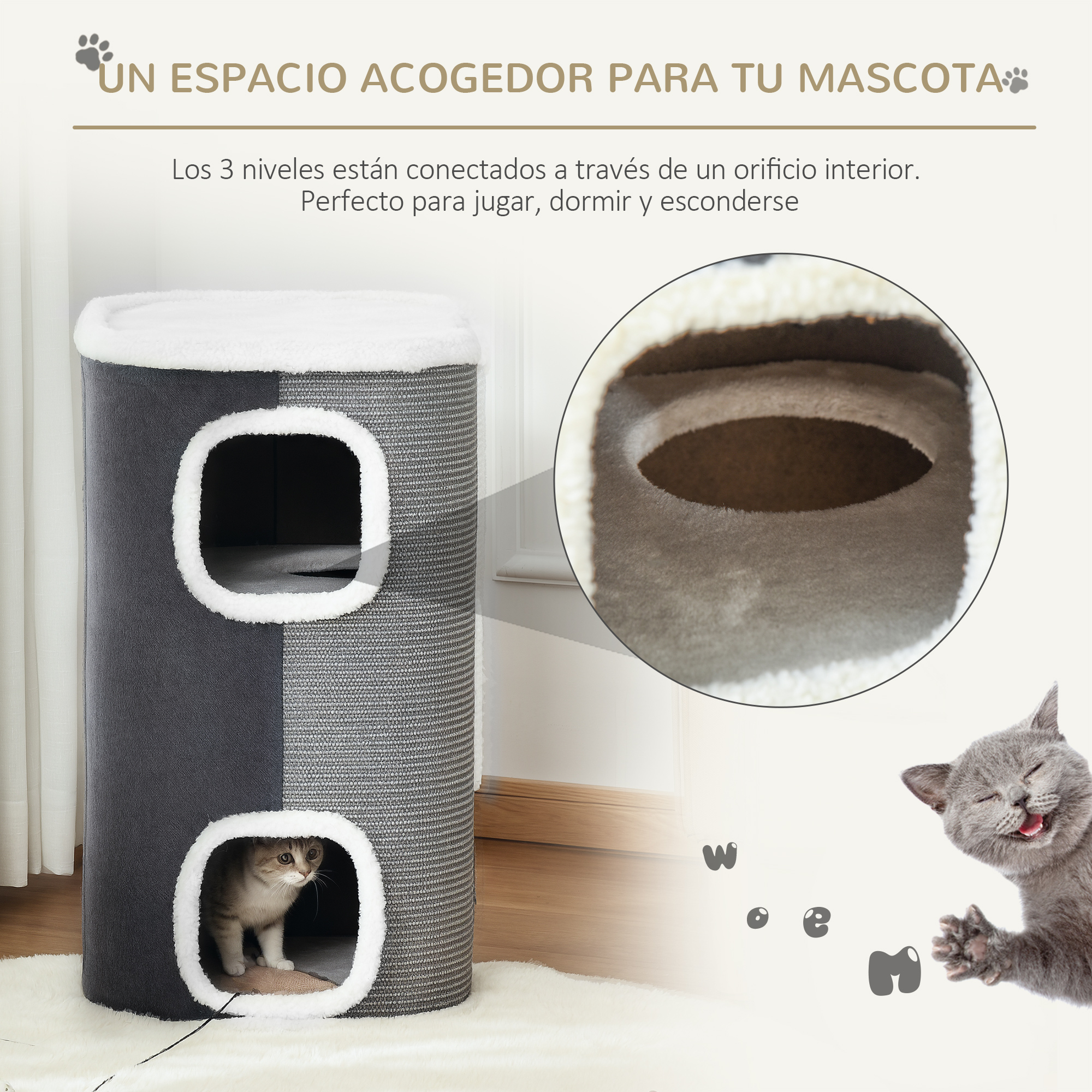 Una torre para gatos gris de varios niveles con aberturas; un gato asoma.