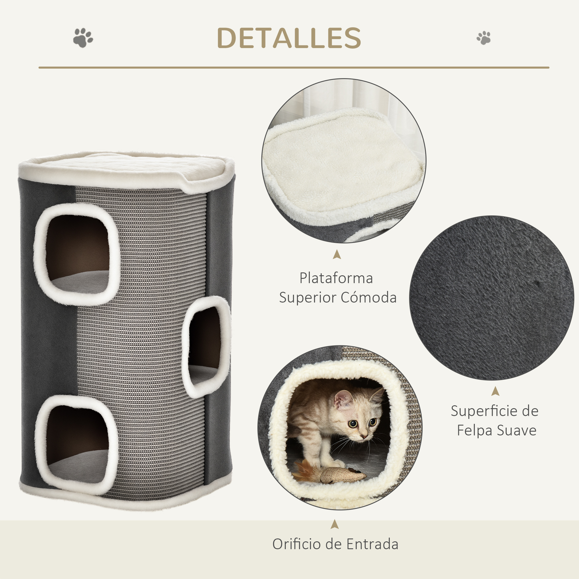 Casa para gatos de varios niveles con dos entradas y parte superior suave. Un gatito juega.